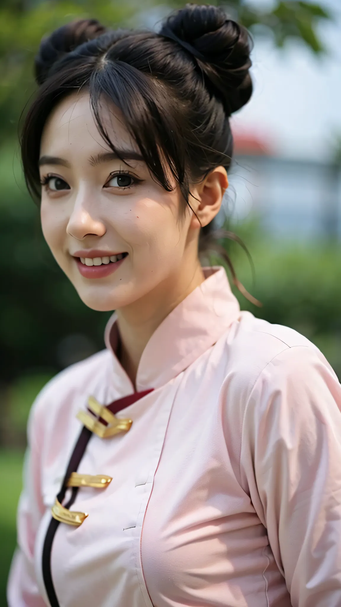 A hyper-realistic portrait of Tenten from Naruto Shippuden as if she exists in the real world. She is beautiful and smiling softly, wearing her iconic pink Chinese-style outfit with twin buns hairstyle. The image is a half-body shot with natural lighting, ...