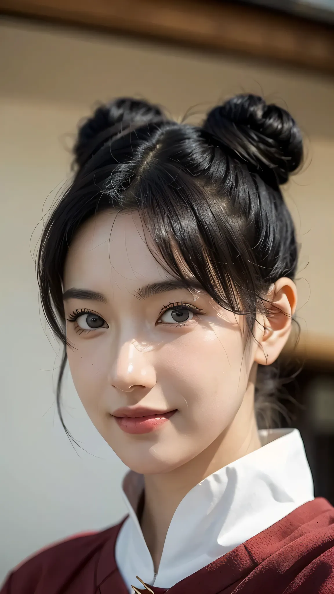 A hyper-realistic portrait of Tenten from Naruto Shippuden as if she exists in the real world. She is beautiful and smiling softly, wearing her iconic pink Chinese-style outfit with twin buns hairstyle. The image is a half-body shot with natural lighting, ...