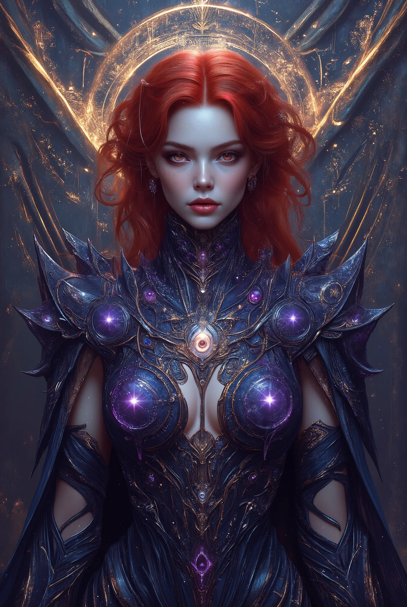neon colored, (photos realistic:1.7),A mystical female figure with red hair and glowing red eyes, wearing an elegant futuristic robe with geometric patterns and eye-like motifs. Her armor is indigo and violet, biomechanical in design, with symmetrical glow...