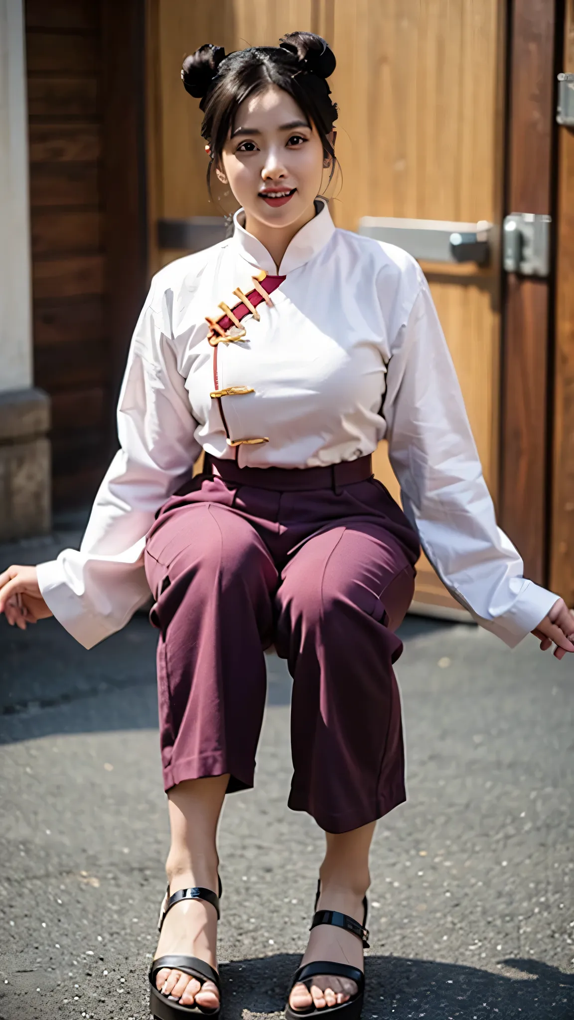 A full-body hyper-realistic portrait of Tenten from Naruto Shippuden as if she exists in the real world. She is beautiful and smiling gently, wearing her signature pink Chinese-style top, dark pants, and ninja sandals. Her hair is styled in her iconic twin...