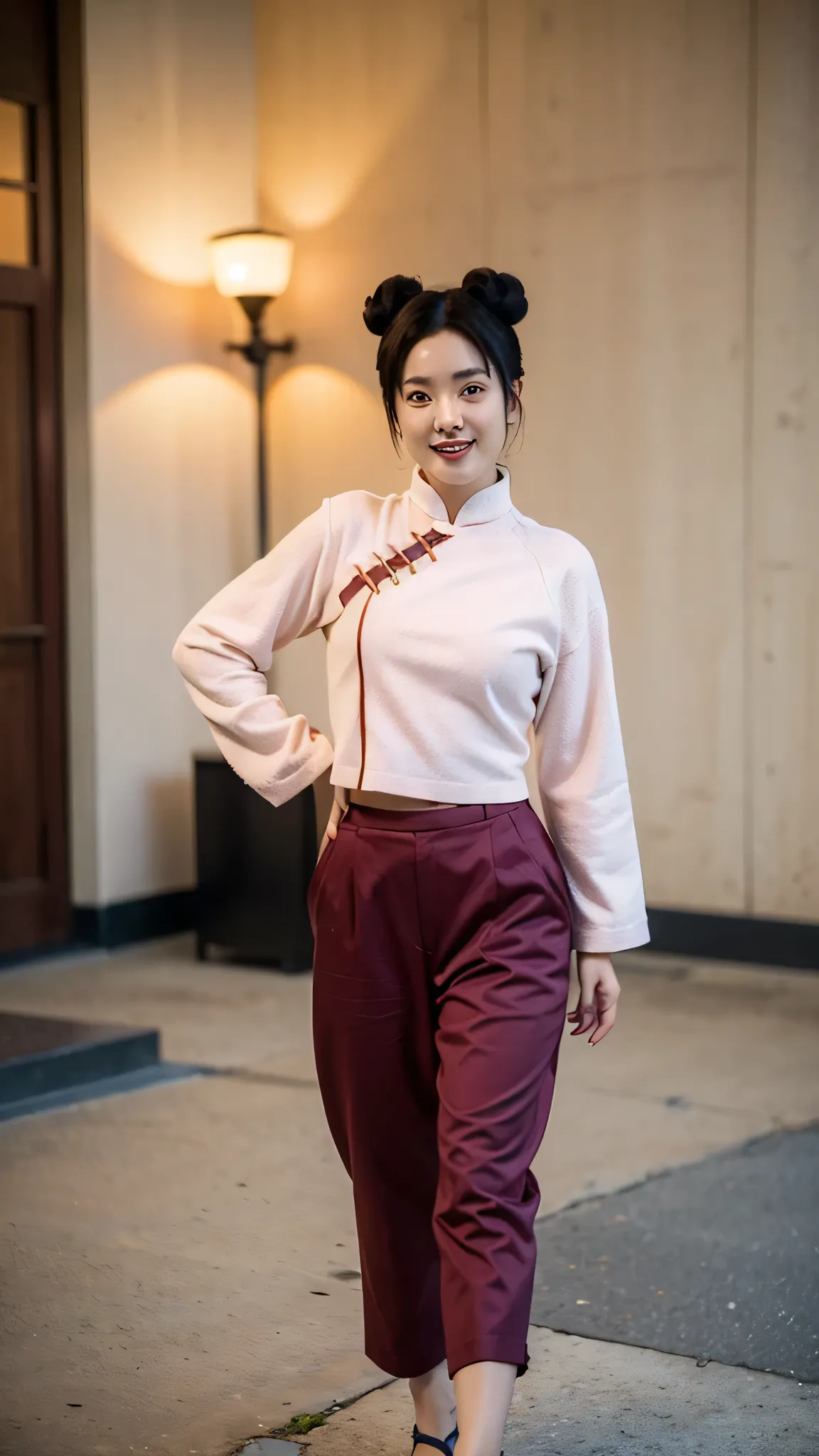 A full-body hyper-realistic portrait of Tenten from Naruto Shippuden as if she exists in the real world. She is beautiful and smiling gently, wearing her signature pink Chinese-style top, dark pants, and ninja sandals. Her hair is styled in her iconic twin...