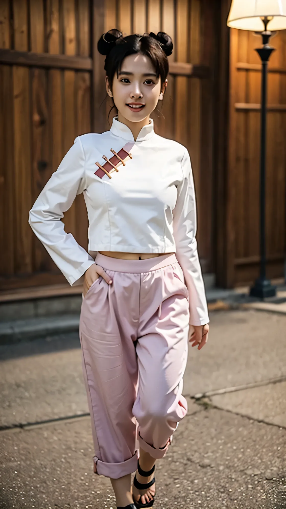 A full-body hyper-realistic portrait of Tenten from Naruto Shippuden as if she exists in the real world. She is beautiful and smiling gently, wearing her signature pink Chinese-style top, dark pants, and ninja sandals. Her hair is styled in her iconic twin...