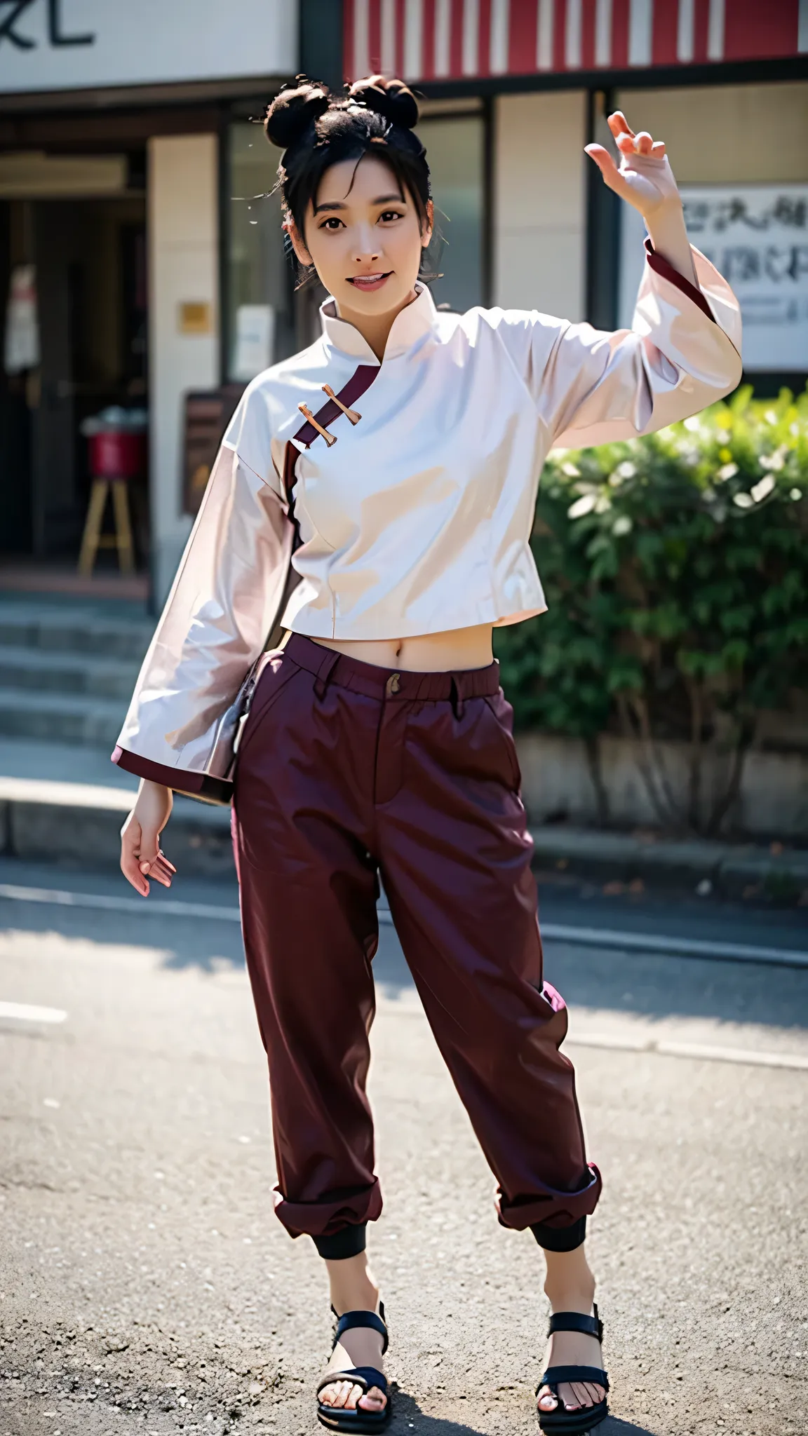 A full-body hyper-realistic portrait of Tenten from Naruto Shippuden as if she exists in the real world. She is beautiful and smiling gently, wearing her signature pink Chinese-style top, dark pants, and ninja sandals. Her hair is styled in her iconic twin...