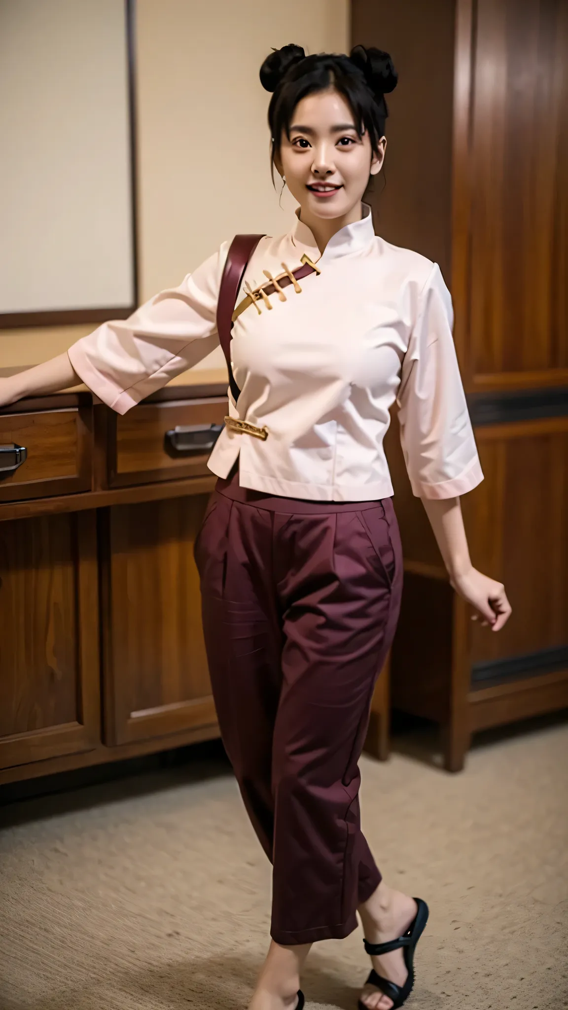 A full-body hyper-realistic portrait of Tenten from Naruto Shippuden as if she exists in the real world. She is beautiful and smiling gently, wearing her signature pink Chinese-style top, dark pants, and ninja sandals. Her hair is styled in her iconic twin...