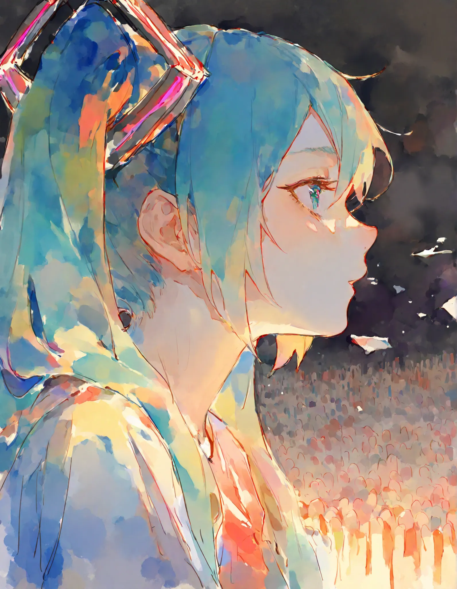 Masterpiece, best quality, is very beautiful,  Very Ava , high resolution, latest, definitely eye-catching,very detailed,
break
1 girl, solo,Hatsune Miku, watching audience, profile,  watercolor smudge 