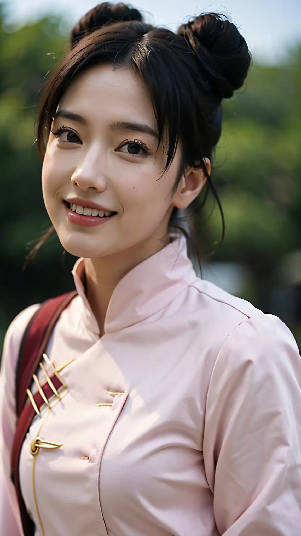 A hyper-realistic portrait of Tenten from Naruto Shippuden as if she exists in the real world. She is beautiful and smiling softly, wearing her iconic pink Chinese-style outfit with twin buns hairstyle. The image is a half-body shot with natural lighting, ...