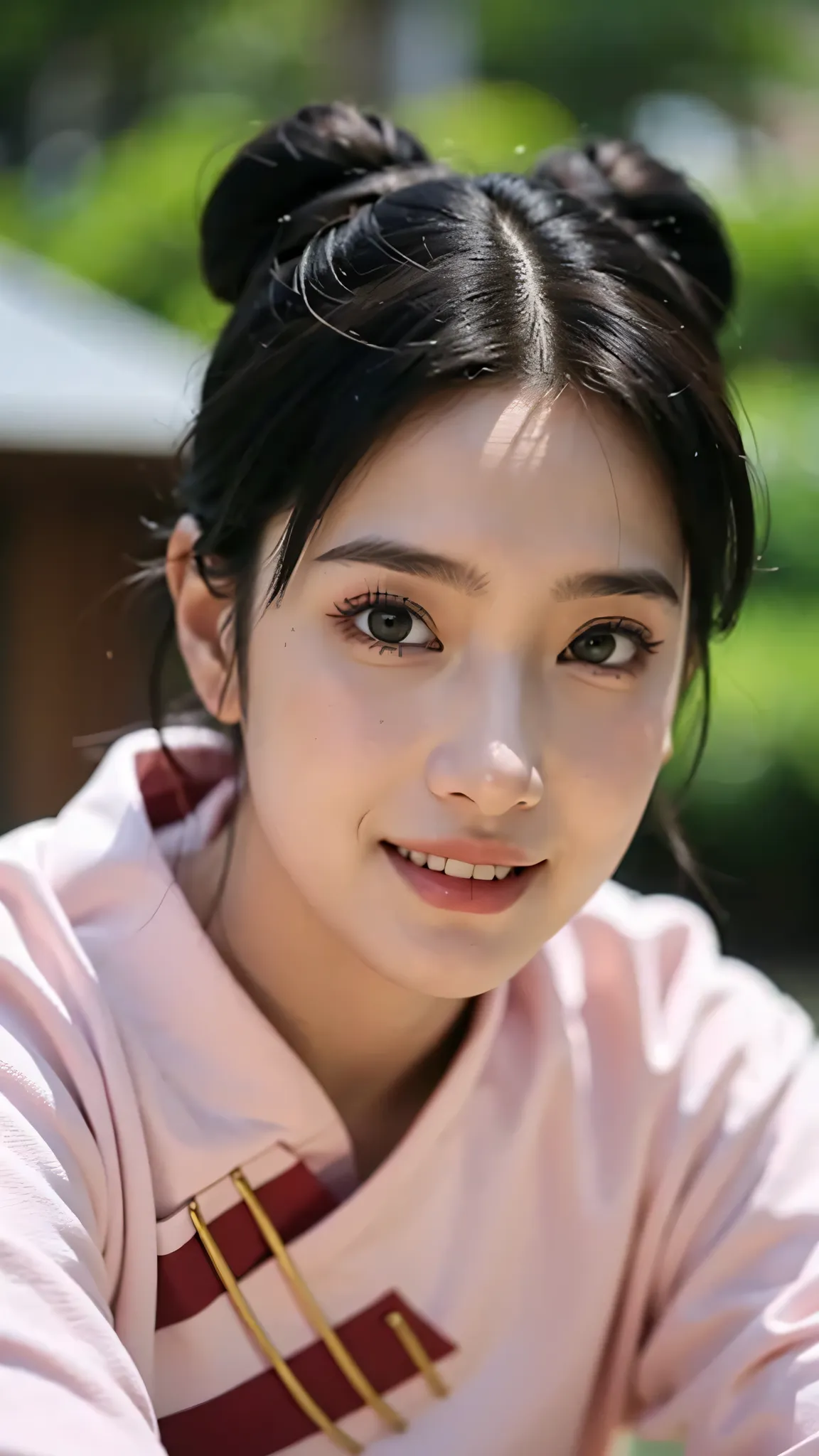 A hyper-realistic portrait of Tenten from Naruto Shippuden as if she exists in the real world. She is beautiful and smiling softly, wearing her iconic pink Chinese-style outfit with twin buns hairstyle. The image is a half-body shot with natural lighting, ...