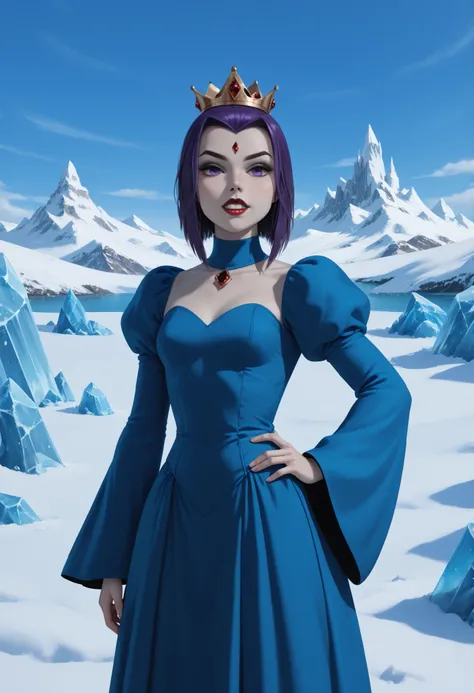 rachel roth, colored skin, grey skin, purple hair, medium hair, forehead jewel, purple eyes, small breast, huge hips, dark red lips.| masterpiece, best quality, amazing quality, very aesthetic, absurdres, newest, scenery, ice queen,sharp teeth, simple eyes...