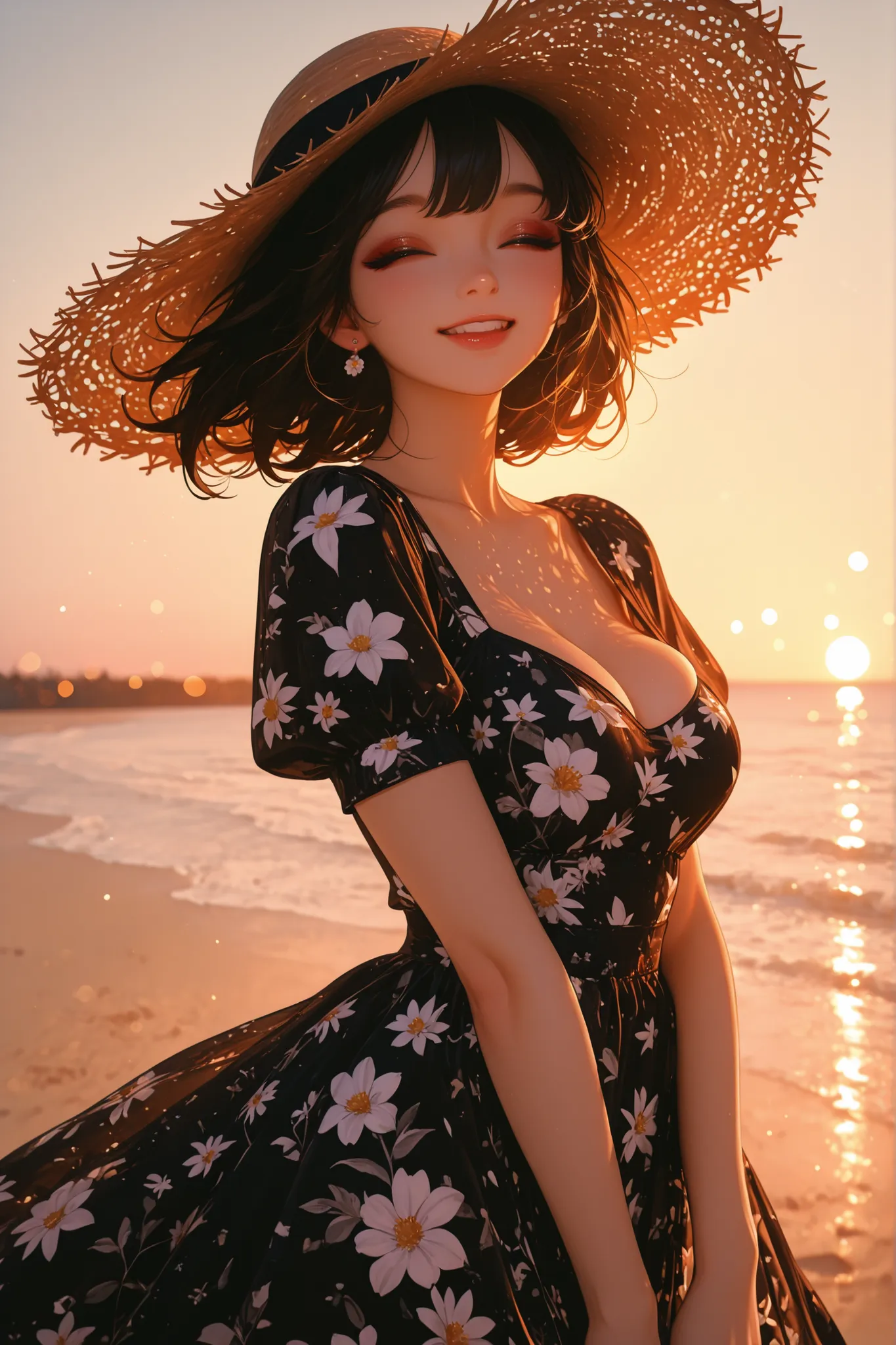 masterpiece, ultra highres, best quality, 1girl, hyperrealistic portrait, summer fashion, flowy dress with cute floral prints, two-toned brown-black hair, playful wink, professional makeup with eyeshadow, summer straw hat, wind-blown effect, beach backgrou...