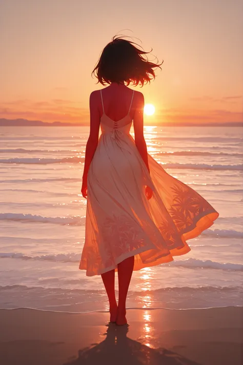 masterpiece, ultra-detailed, 8k wallpaper, beach fashion shoot, flowing summer dress, detailed fabric texture, wind-blown elements, professional beauty shot, sun-kissed skin, coastal background, lens flare effects, movie color palette, dynamic composition,...