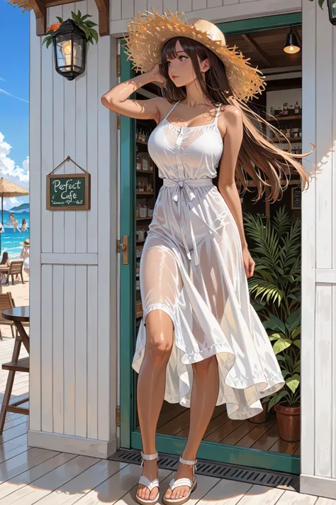 masterpiece, best quality, ultra-detailed, 8K, 4K, perfect anatomy, Cute Japanese girl standing, half transparent white dress, straw hat, sandals, brown hair, long straight hair, touching hair, brown skin, slender, large breasts, healthy, summer, tropical ...