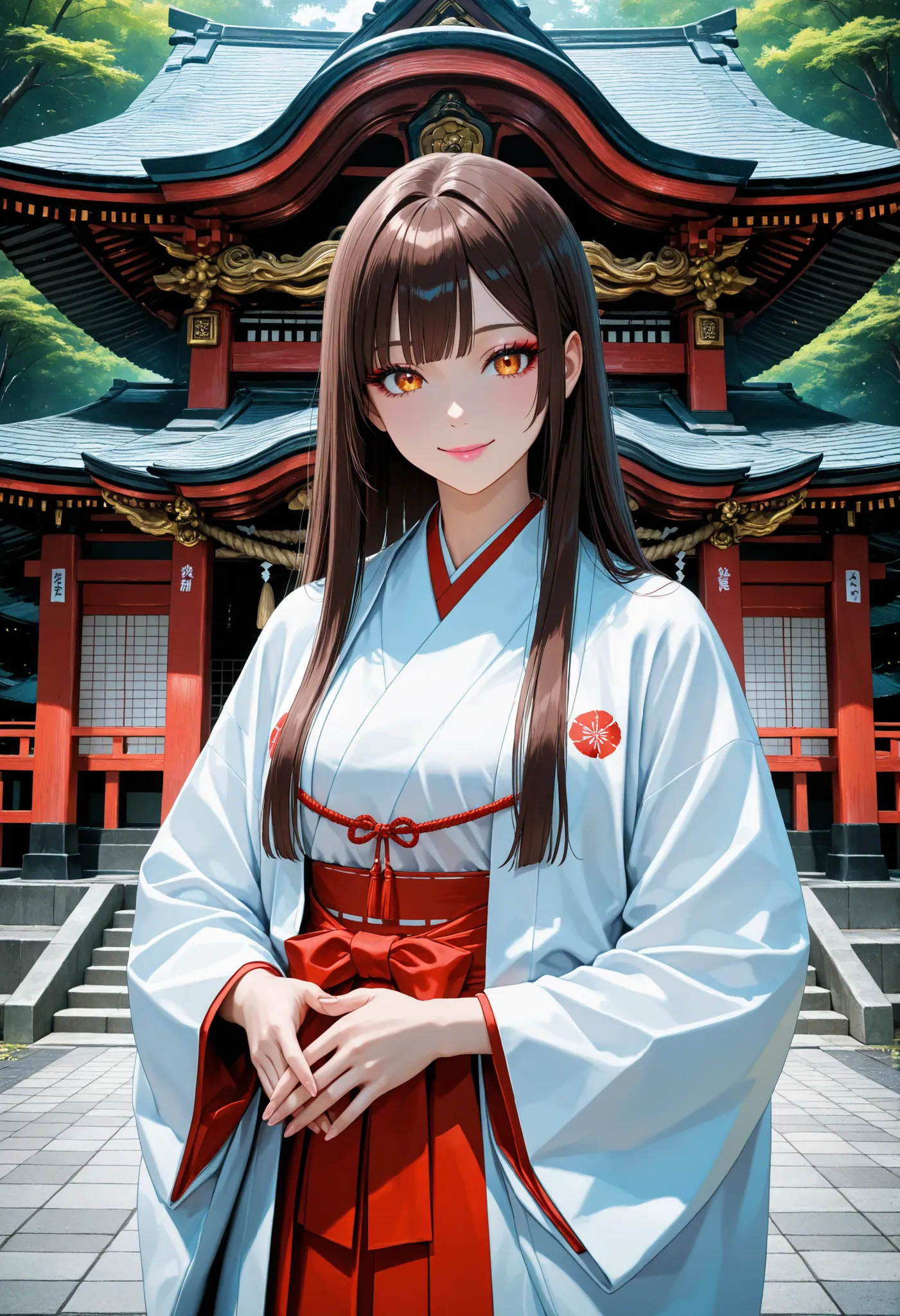 br_art, masterpiece, top quality, Great Quality, very aesthetic, Newest, very detailed, flat color, sharp focus, bright colors, Soft Writing, cinematic composition, Sacred, beautiful woman, brown hair, long straight hair, Long and thick eyelashes, Smile Ya...