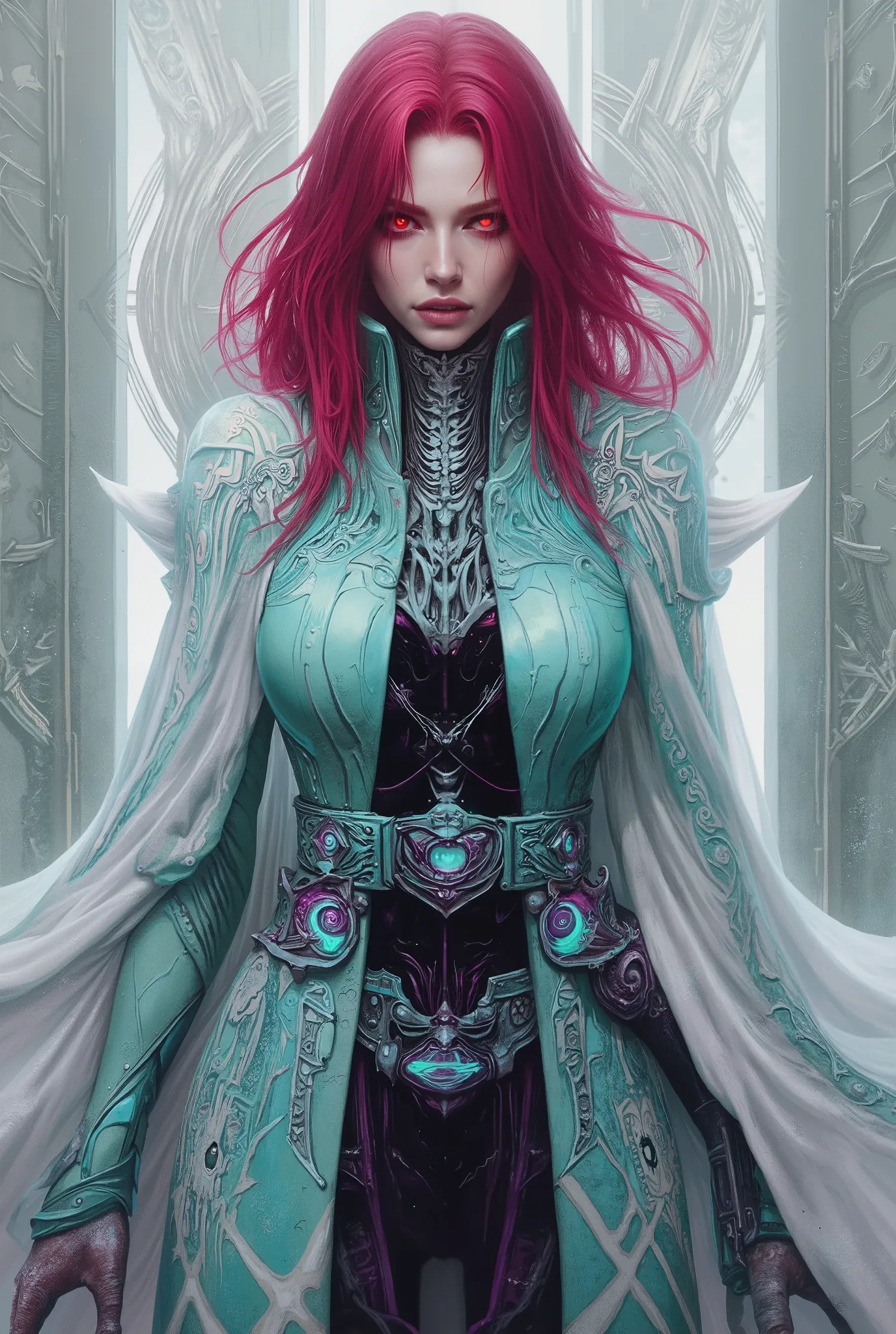 She's striking a bold attacking pose, neon colored, (Best Quality , 4K , 8K , High Resolution , Masterpiece: 1 . 2) , (Super Detailed , Realistic , Photorealistic:1 . 37), A mystical female figure with red hair and glowing red eyes, wearing an elegant futu...