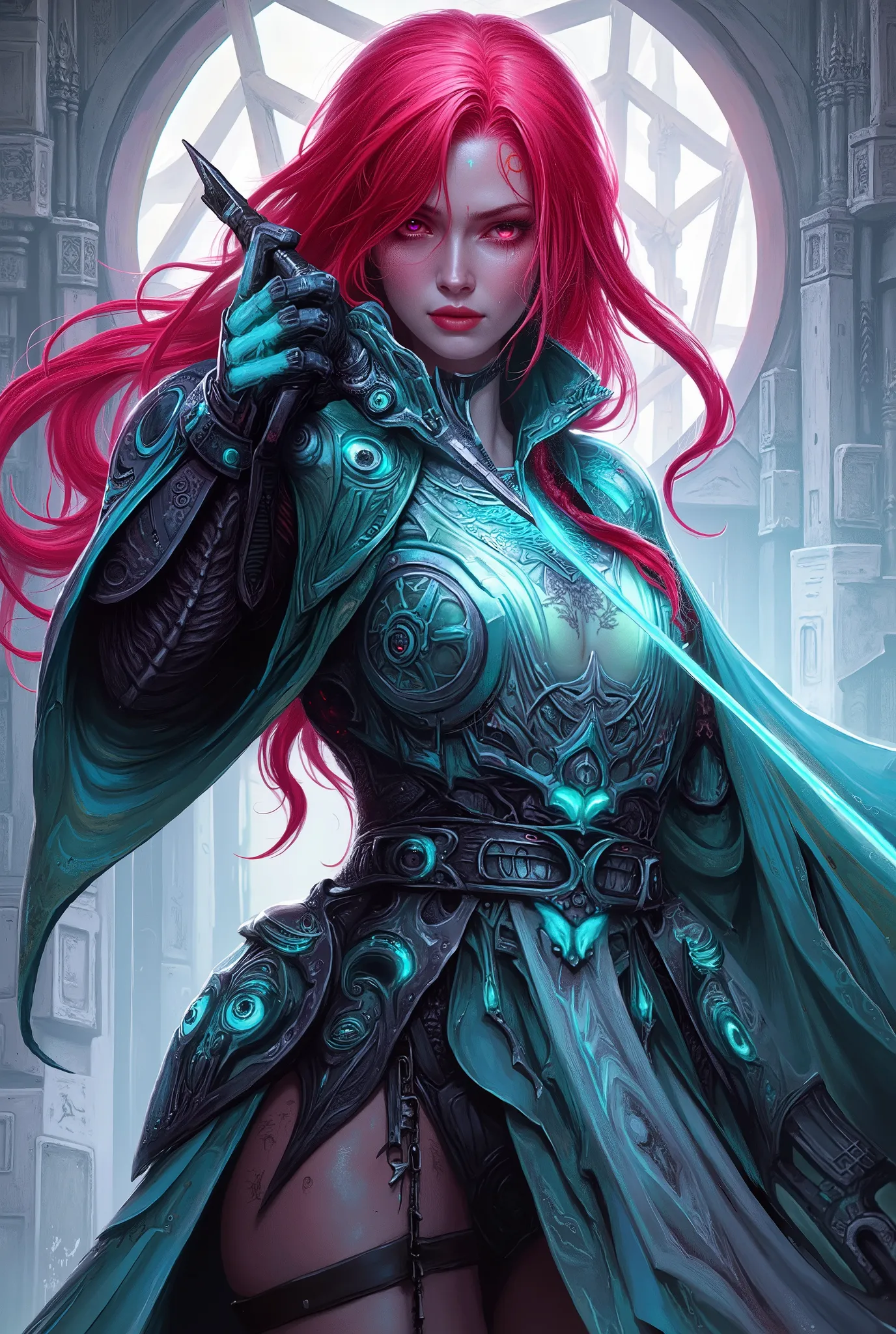 She's striking a bold attacking pose, neon colored, (Best Quality , 4K , 8K , High Resolution , Masterpiece: 1 . 2) , (Super Detailed , Realistic , Photorealistic:1 . 37), A mystical female figure with red hair and glowing red eyes, wearing an elegant futu...