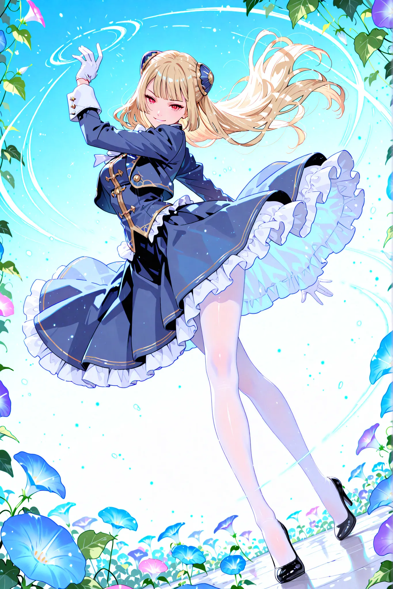 very awa, masterpiece, best quality, newest, absurdres, highres, sfw,
1 girl, solo, ingrid (capcom), blonde hair, hairpods, red eyes, white gloves, blue skirt, white petticoat, pantyhose, bow, dress, blue jacket, black pumps,
dancing, spinning, hair and s...