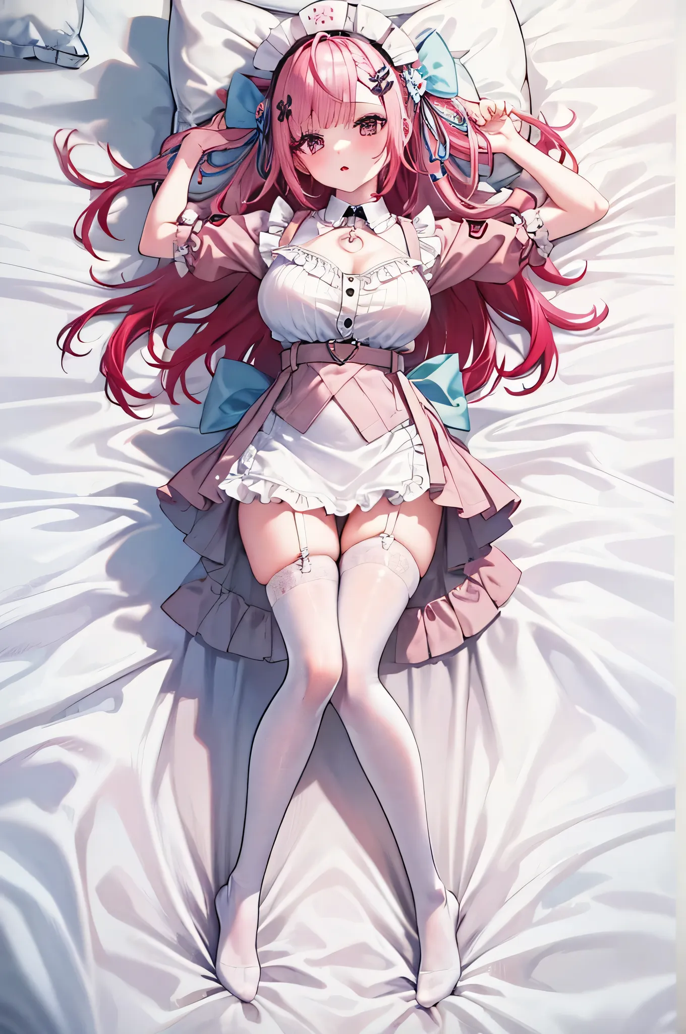 1 girl,  Yuki Sakuna, Maid Outfit, Apron, ribbon, pink miniskirt, white tights, garter belt, white sheets, Lie on your back, Embarrassing, Red cheeks, Seducing Men, Full Body, High Waist