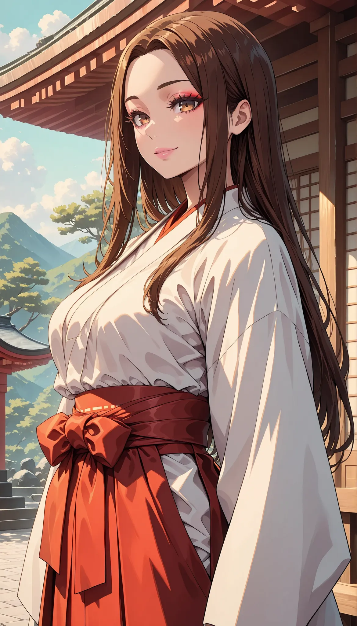br_art, masterpiece, top quality, Great Quality, very aesthetic, Newest, very detailed, flat color, sharp focus, bright colors, Soft Writing, cinematic composition, Sacred, beautiful woman, brown hair, long straight hair, Long and thick eyelashes, Smile Ya...