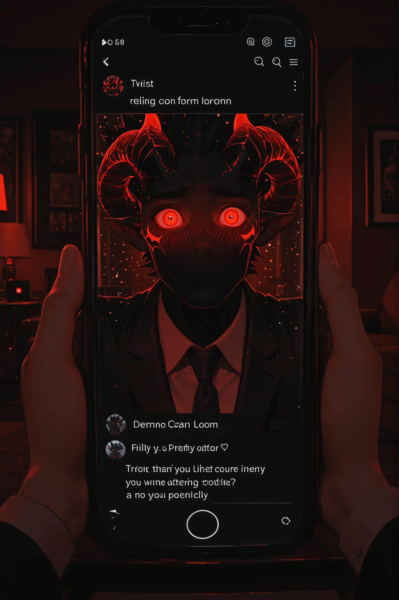 photography, finely detail, demon lord character, red eyes glowing, business casual attire, demon horns, trying to text, nervous posture, modern living room, floating magical particles, embarrassed blush, detailed phone screen reflection, atmospheric light...