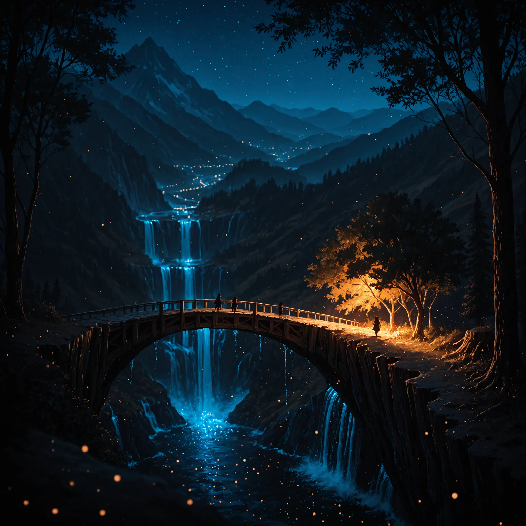 Masterpiece, best quality,
analogous colors, blurry, color contrast, dark, depth of field, landscape, light particles, mini person, mountainous horizon, night, painterly, scenery, silhouette, tree, tree trunk bridge, water, waterfall