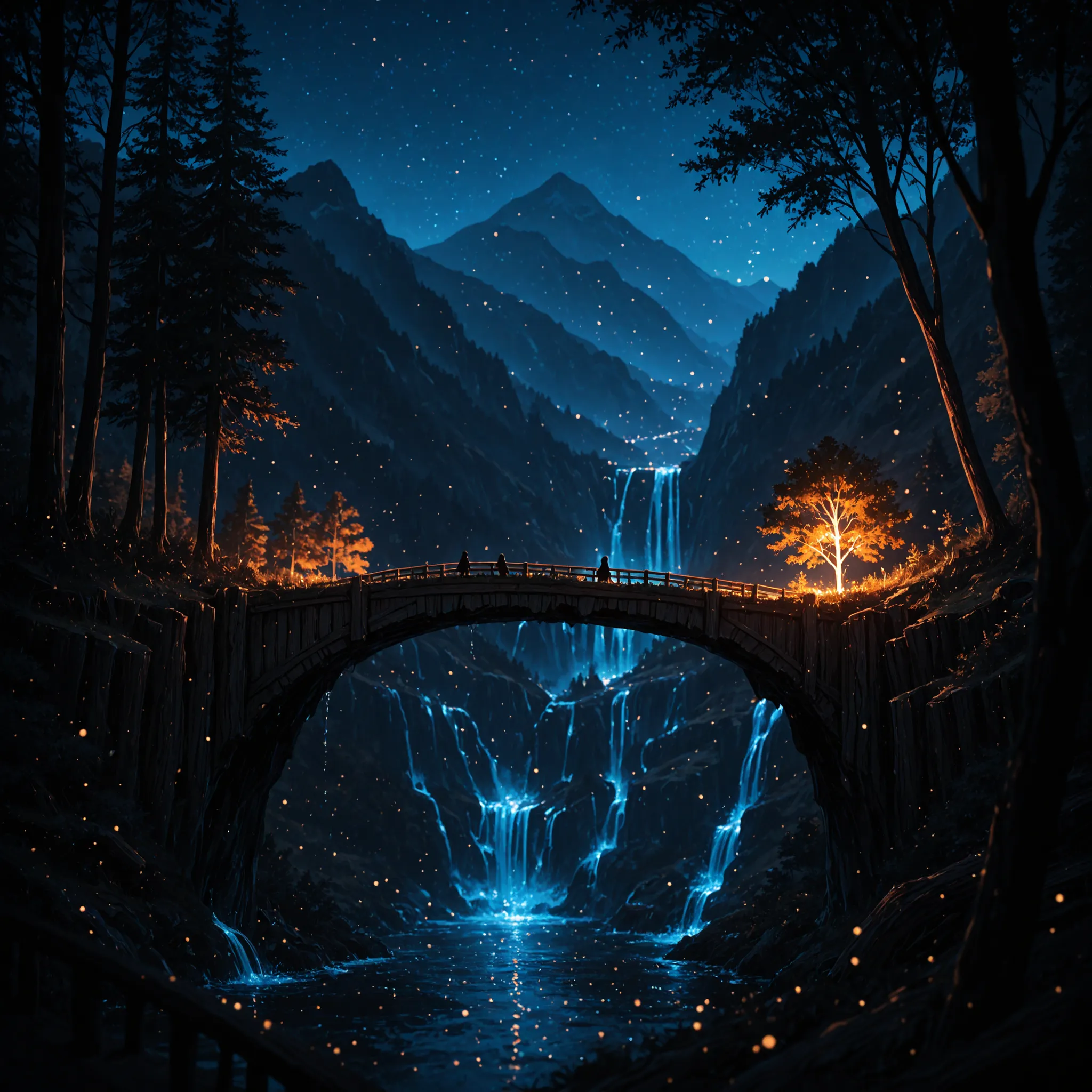 Masterpiece, best quality,
analogous colors, blurry, color contrast, dark, depth of field, landscape, light particles, mini person, mountainous horizon, night, painterly, scenery, silhouette, tree, tree trunk bridge, water, waterfall