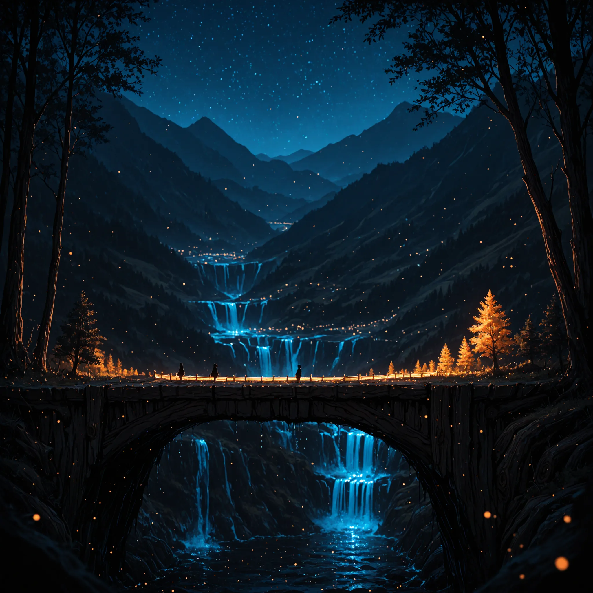 Masterpiece, best quality,
analogous colors, blurry, color contrast, dark, depth of field, landscape, light particles, mini person, mountainous horizon, night, painterly, scenery, silhouette, tree, tree trunk bridge, water, waterfall