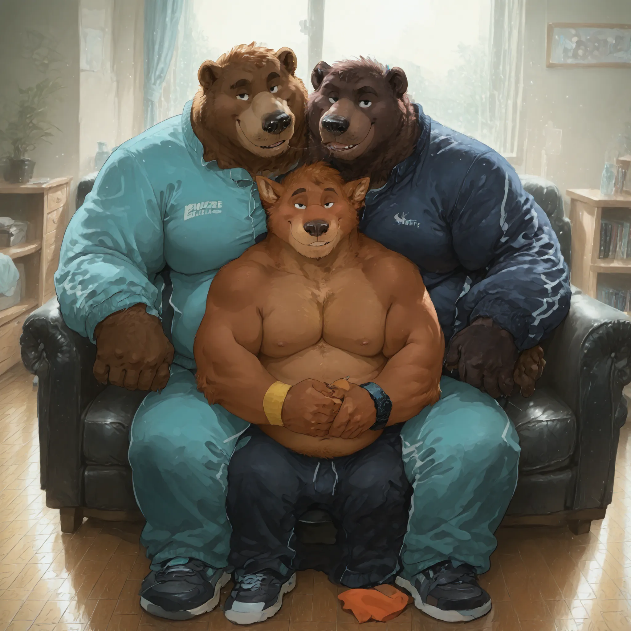 bear and kangaroo, furry male, pointed ears, prominent snout, black nose, ((two torsos)), conjoined,chubby, pecs, muscle, full body view, sitting on couch, overweight, plump, wide body, big hands with claws, thick legs, black eyes,  Expressive, looking at ...