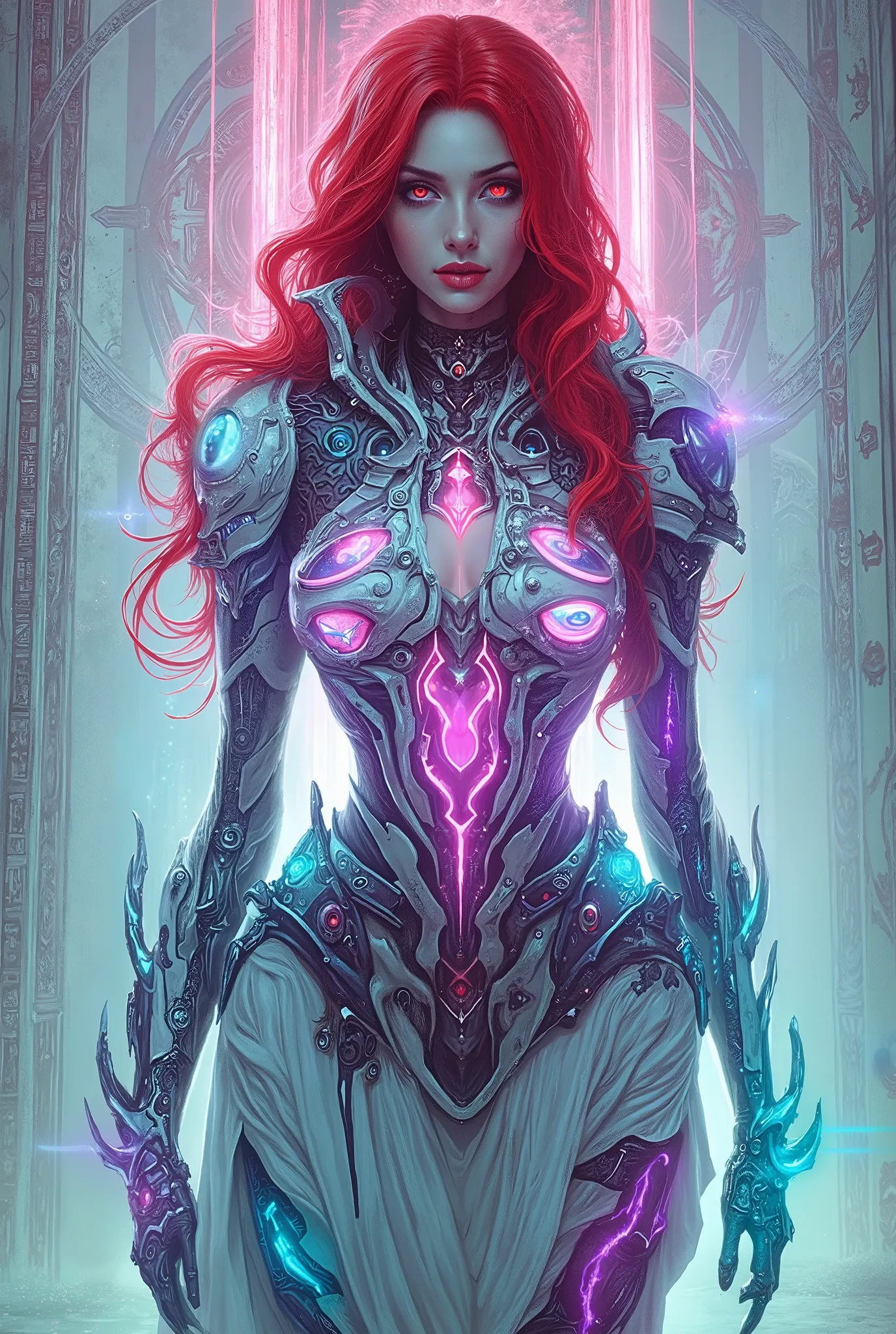 She's striking a bold attacking pose, neon colored, (Best Quality , 4K , 8K , High Resolution , Masterpiece: 1 . 2) , (Super Detailed , Realistic , Photorealistic:1 . 37), A mystical female figure with red hair and glowing red eyes, wearing an elegant futu...