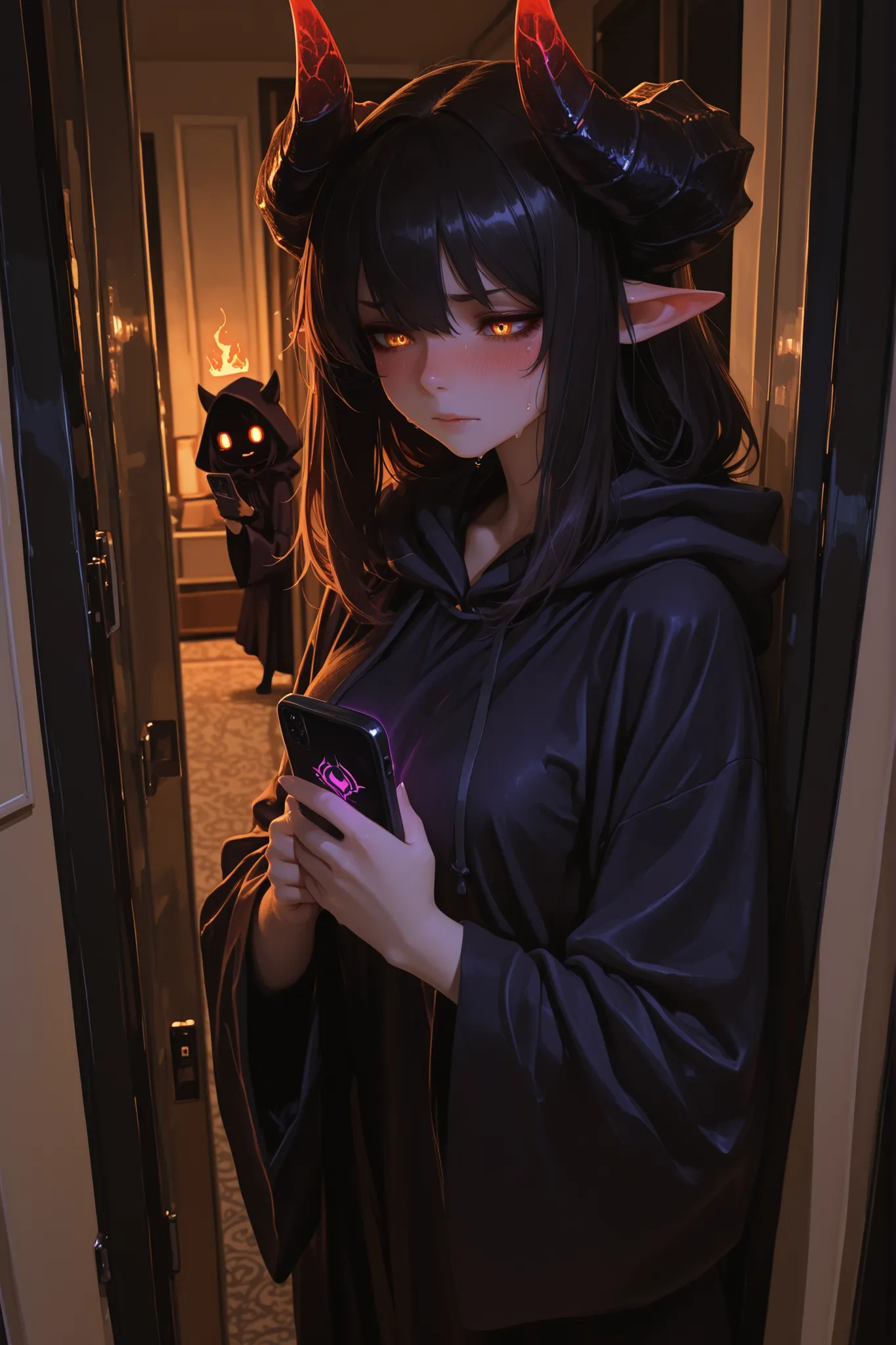 masterpiece, ultra highres, best quality, woman demon lord, struggling with smartphone, embarrassed expression, horns glowing faintly, elegant dark robes, modern apartment setting, social anxiety visible, sharp demon features, detailed facial expression, s...