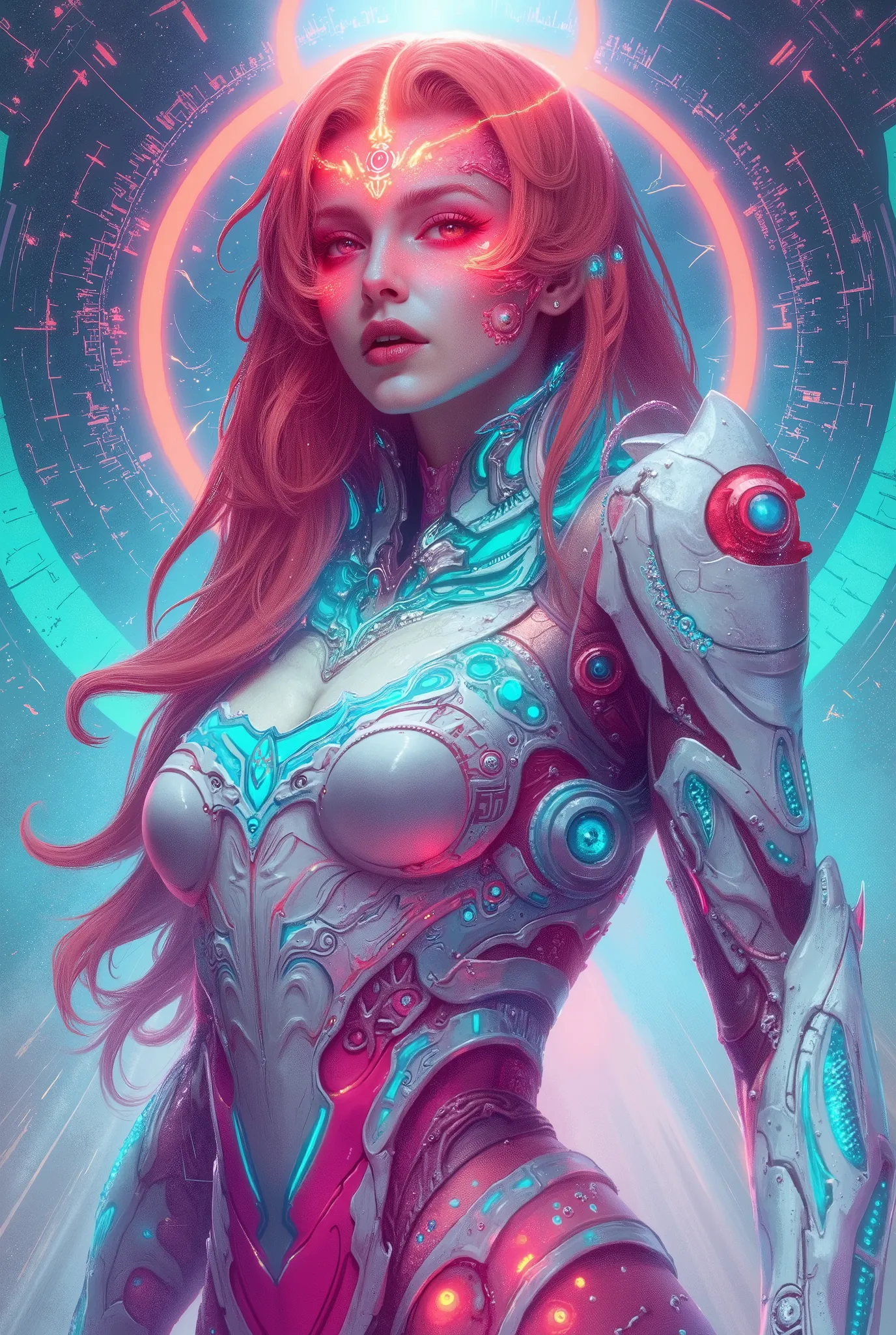 She's striking a bold attacking pose, neon colored, (Best Quality , 4K , 8K , High Resolution , Masterpiece: 1 . 2) , (Super Detailed , Realistic , Photorealistic:1 . 37), A mystical female figure with red hair and glowing red eyes, wearing an elegant futu...