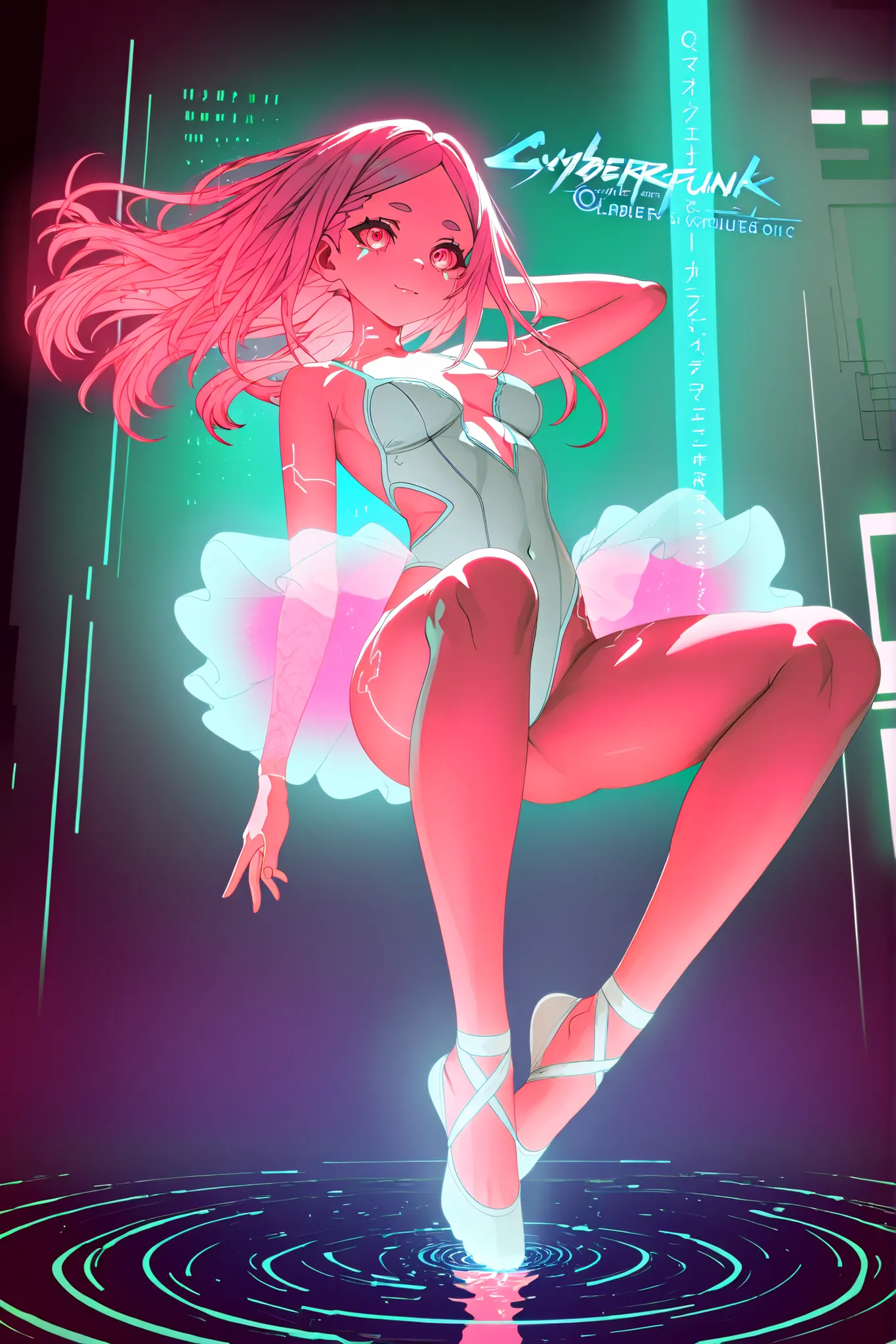 A cyberpunk ballerina dancing gracefully in cyberspace. She wears a futuristic version of a classical ballet outfit, with a glowing tutu embedded with holographic layers and luminous circuit patterns. Her pointe shoes emit neon lights as she moves. Digital...