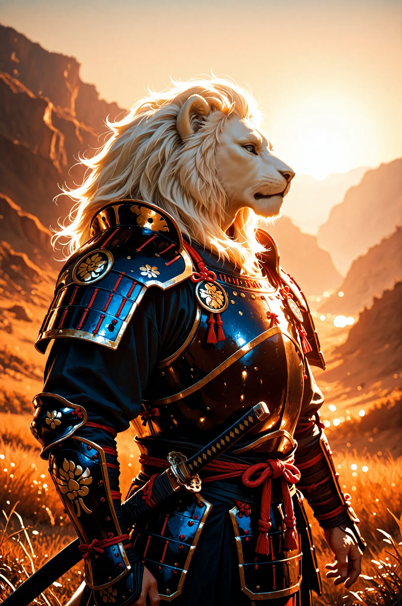 1 boy, male, solo, safe, elegant samurai warrior, white lion head, intricate armor and sword, standing in serene natural landscape, golden hour lighting, highly detailed, cinematic lighting, atmospheric, photorealistic, award winning digital art, 8k, ultra...