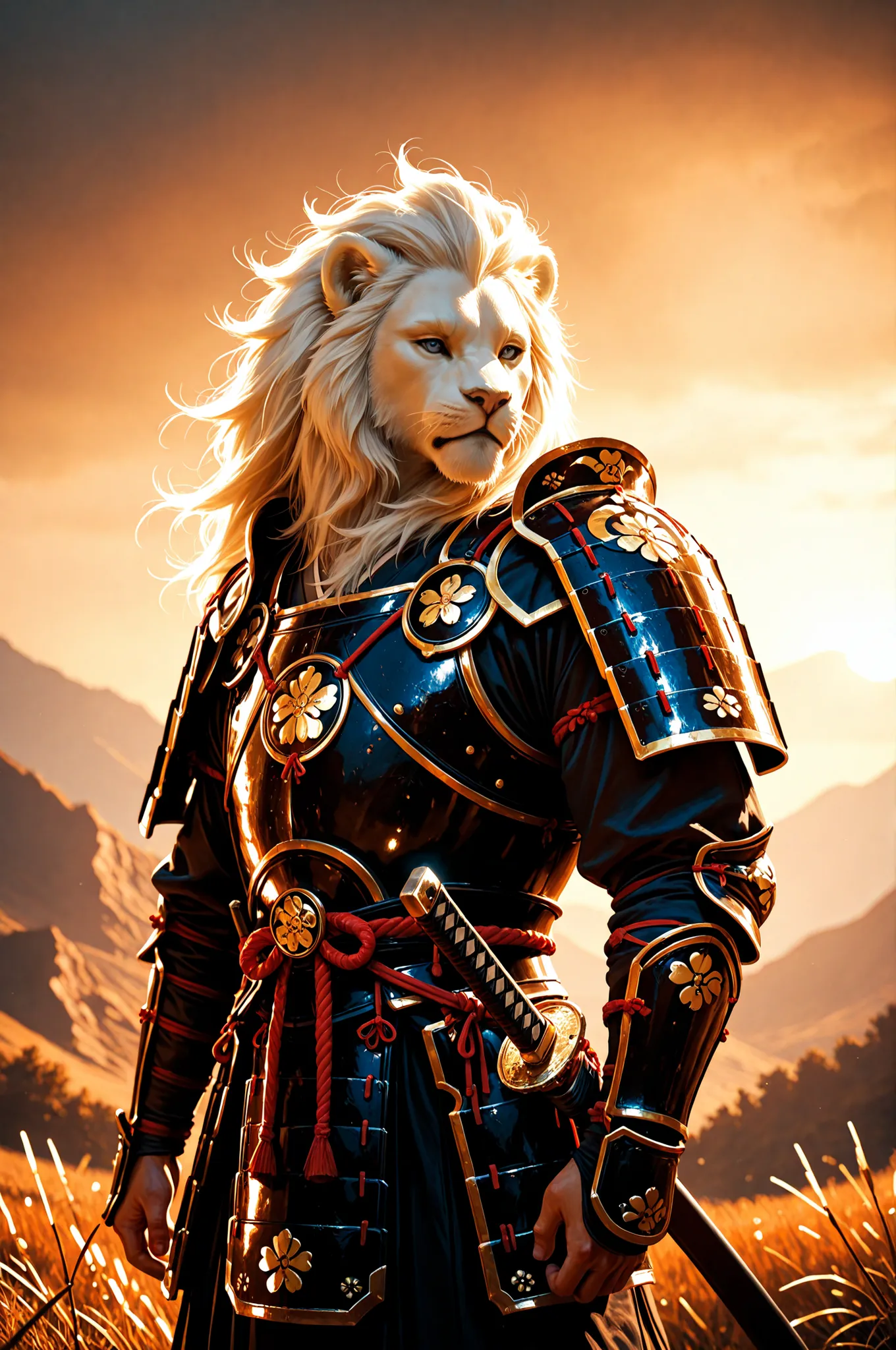 1 boy, male, solo, safe, elegant samurai warrior, white lion head, intricate armor and sword, standing in serene natural landscape, golden hour lighting, highly detailed, cinematic lighting, atmospheric, photorealistic, award winning digital art, 8k, ultra...