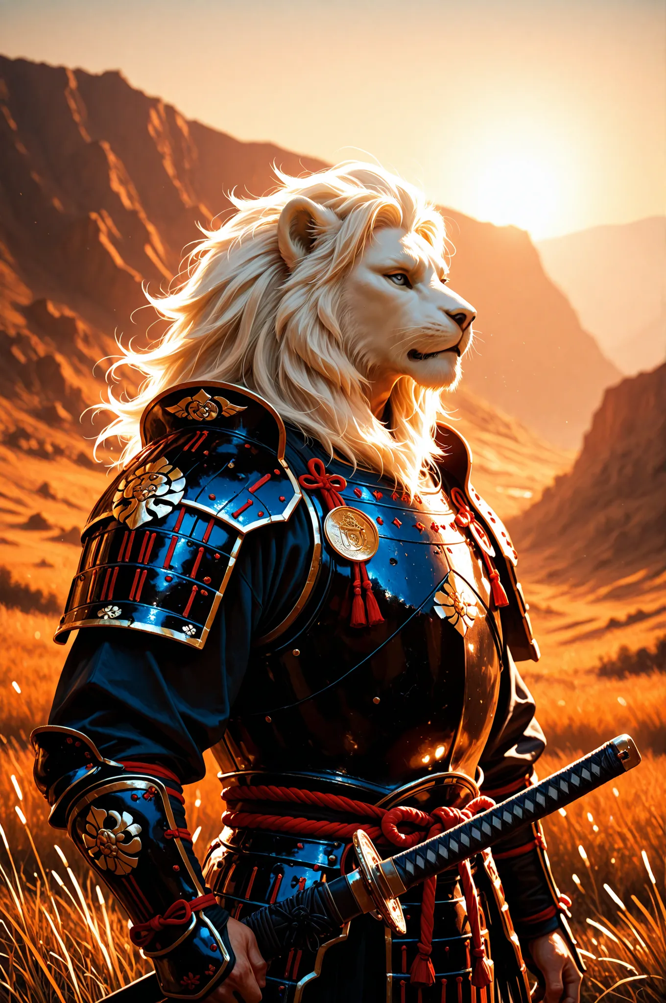 1 boy, male, solo, safe, elegant samurai warrior, white lion head, intricate armor and sword, standing in serene natural landscape, golden hour lighting, highly detailed, cinematic lighting, atmospheric, photorealistic, award winning digital art, 8k, ultra...