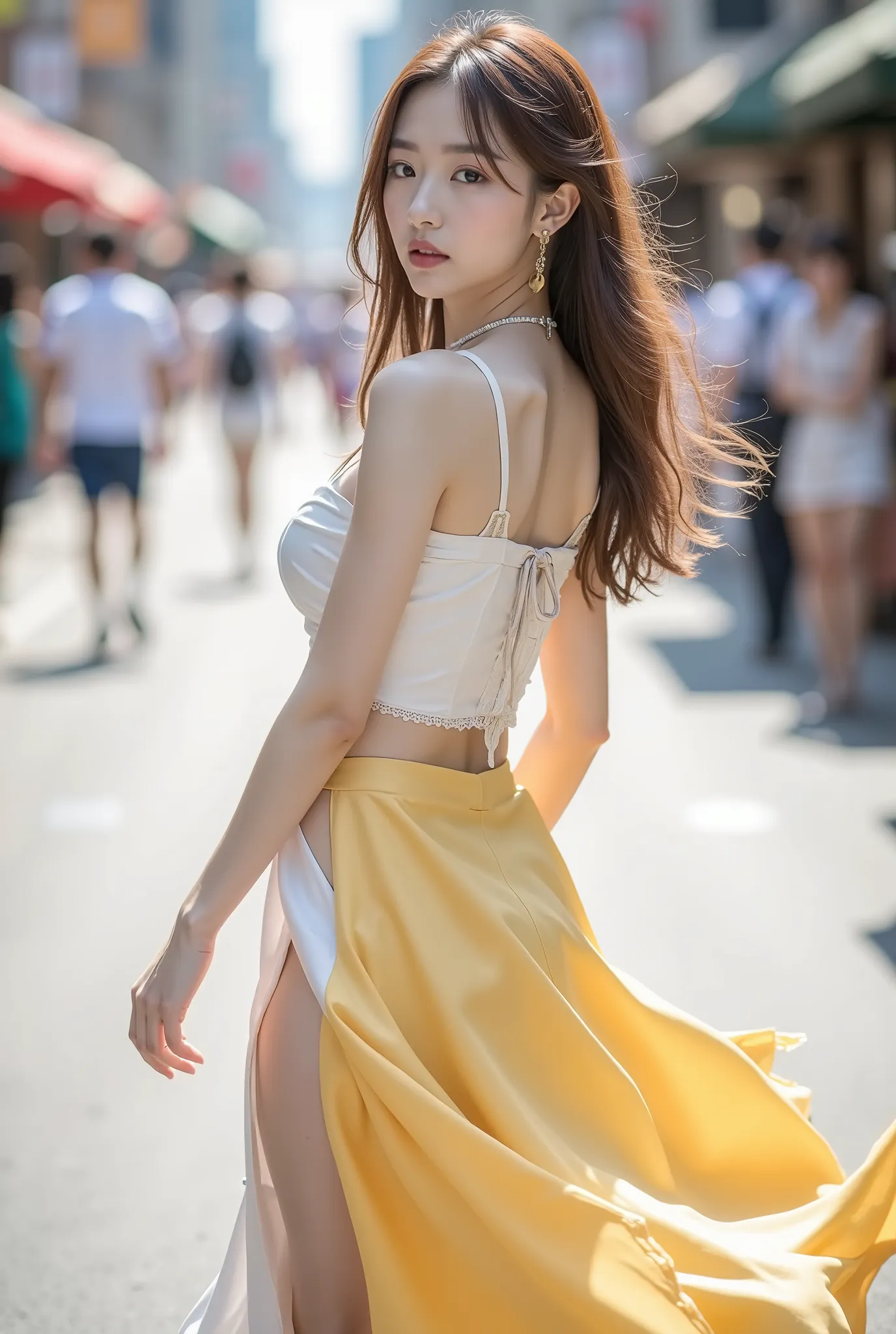 (( top quality 、In 8K、masterpiece:1.3)) idol photo session 、has a lot of anime character cosplay costumes、Layer Outfits、Street Shooting 、back view、rotates to take a posture、fluttering skirt