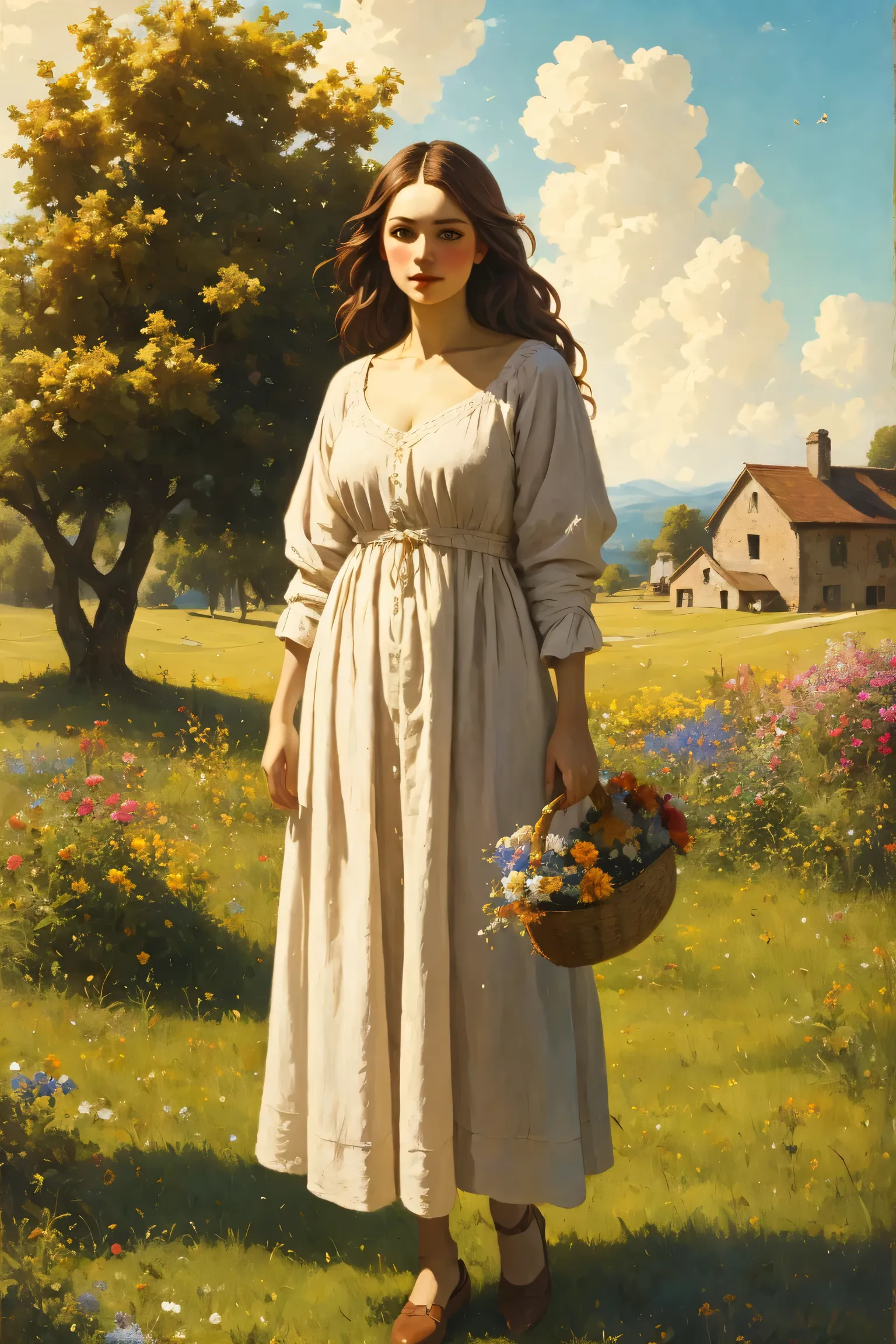 1 village girl, full body,  brown hair in loose waves, soft brown eyes, C size breast, freckles across cheeks and nose, wearing simple linen dress in earthy colors, holding flowers basket, standing in green meadow, soft sunlight,  highly detailed, outstand...