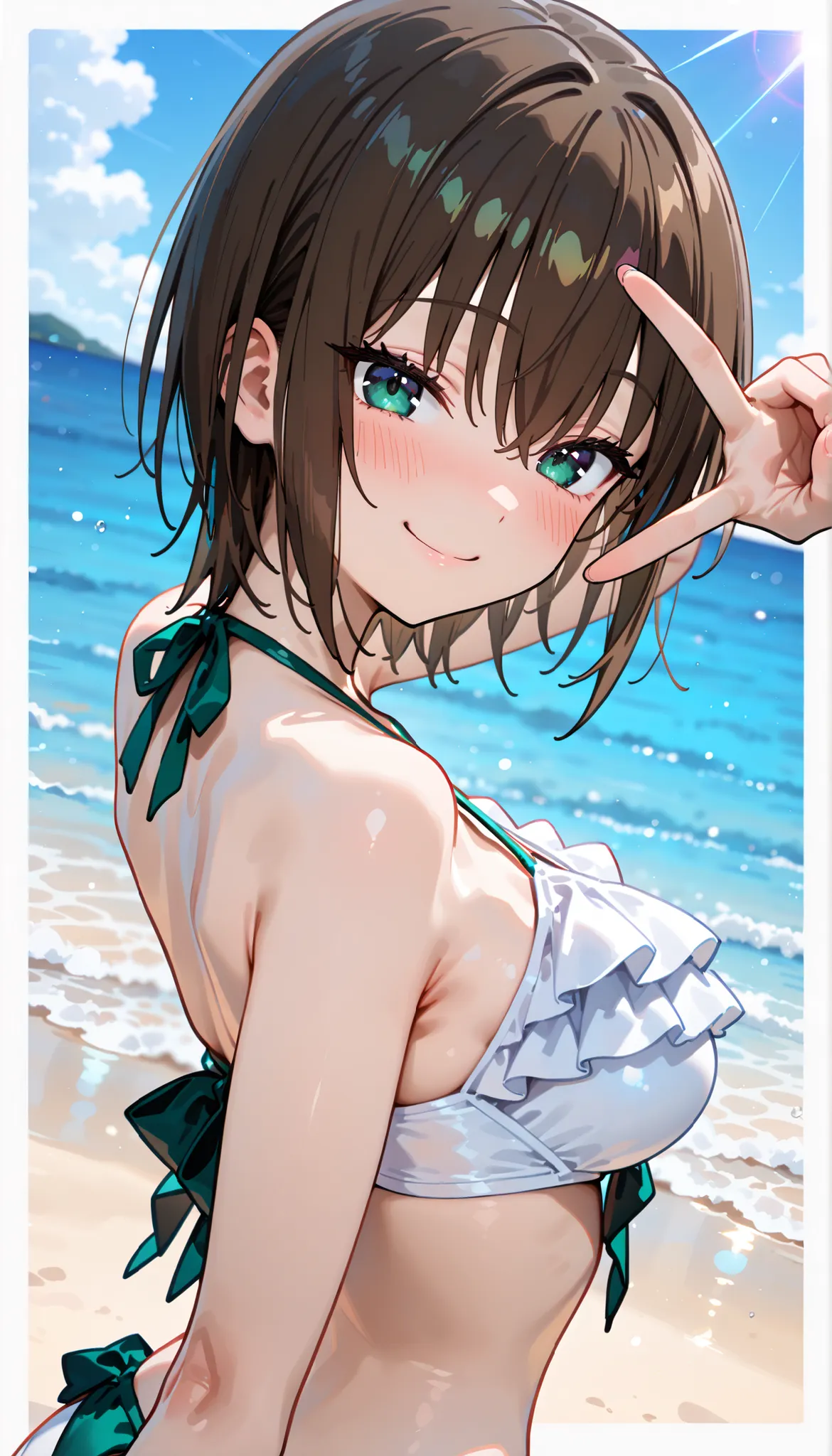 (beautiful girl : 1.3),1 girl,Erika Aoi,(((short brown hair:1.2))), ((dark green eyes:1.3)),(((white bikini with frills))),Embarrassing,(((Smile Yan))),blush,v over eyes,back view,sea,beach,dynamic angle,masterpiece,top quality next to viewers,rich contras...