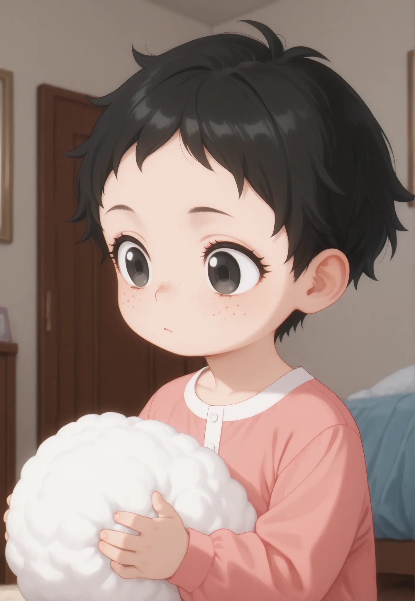 Masterpiece, better quality, newest, safe, good anatomy, good resolution, good lighting.  beautiful, anime, . Little girl, black hair and SHORT hair. black eyes. black eyelashes, piel clara, freckles on cheeks. Adorable 6-8 month old baby. looking at the s...