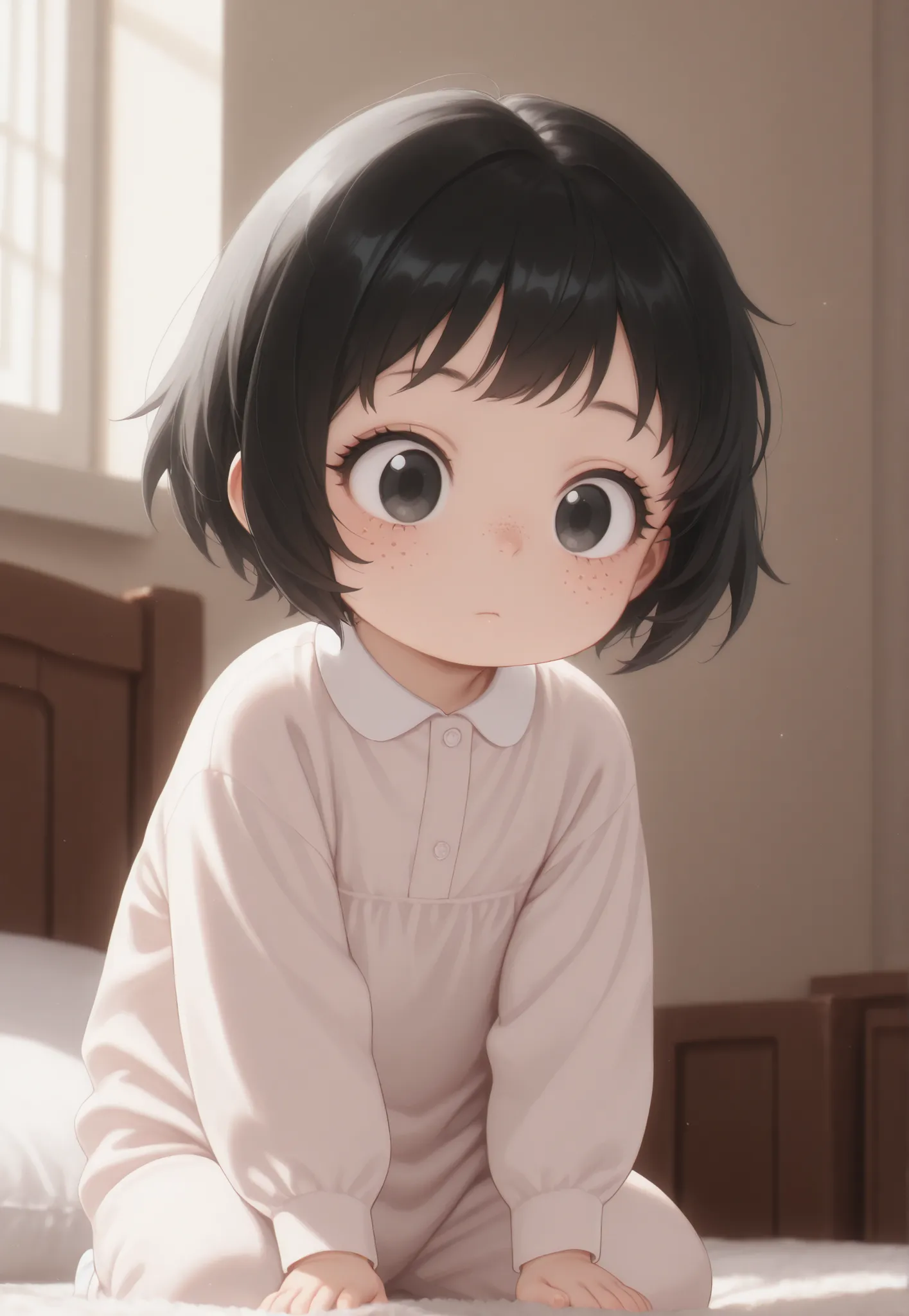 Masterpiece, better quality, newest, safe, good anatomy, good resolution, good lighting.  beautiful, anime, . Little girl, black hair and SHORT hair. black eyes. black eyelashes, piel clara, freckles on cheeks. Adorable 6-8 month old baby. looking at the s...