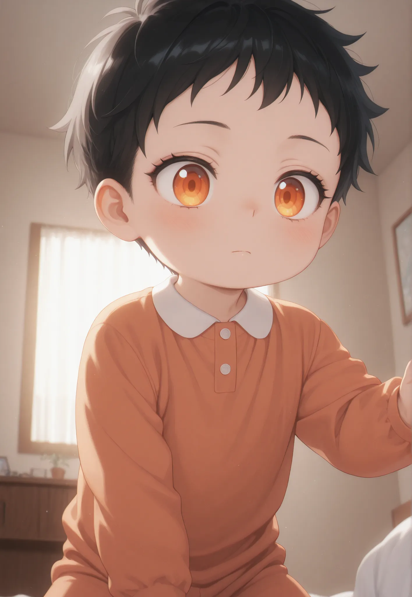 Masterpiece, better quality, newest, safe, good anatomy, good resolution, good lighting.  beautiful, anime, . child, black hair and SHORT hair. Intense Orange Eyes. black eyelashes, piel clara. Adorable 6-8 month old baby. looking at the spectator, Alone, ...