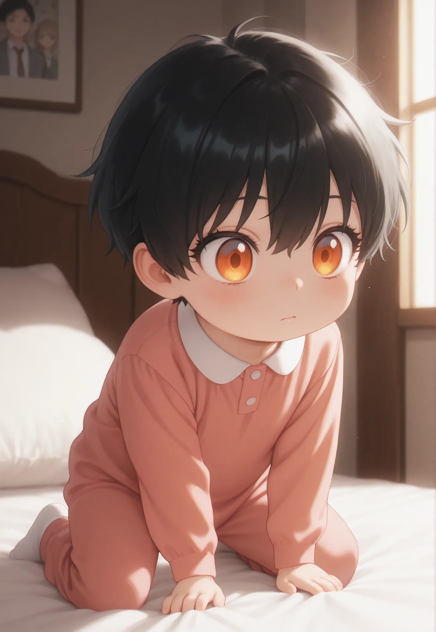 Masterpiece, better quality, newest, safe, good anatomy, good resolution, good lighting.  beautiful, anime, . child, black hair and SHORT hair. Intense Orange Eyes. black eyelashes, piel clara. Adorable 6-8 month old baby. looking at the spectator, Alone, ...