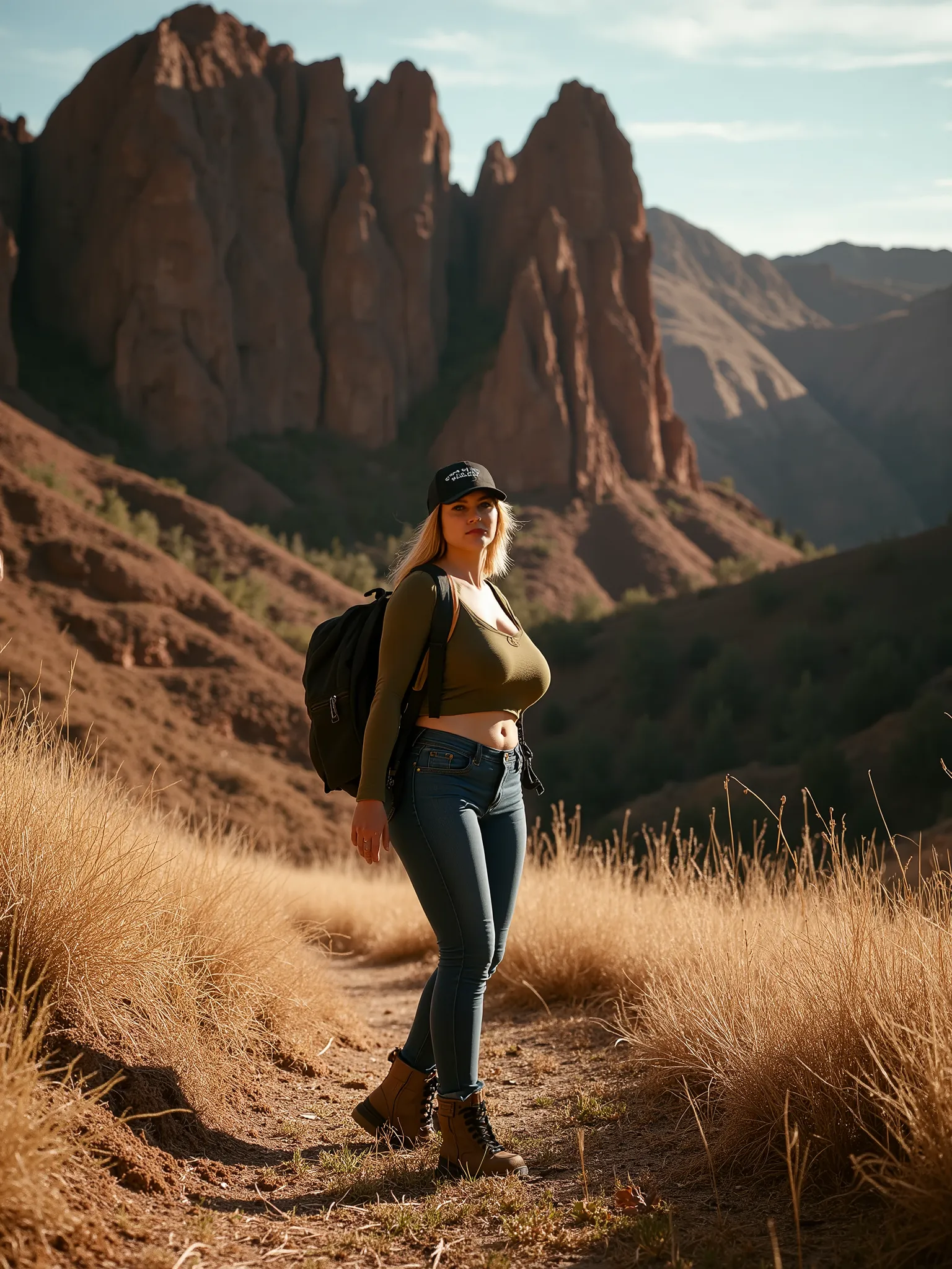  Ultra-realistic outdoor cinematic portrait of a curvy blonde woman hiking through a dry, rugged landscape of golden grass and jagged rocky cliffs. She wears a fitted olive green crop top, high-waisted skinny blue jeans, and durable hiking boots. A black c...