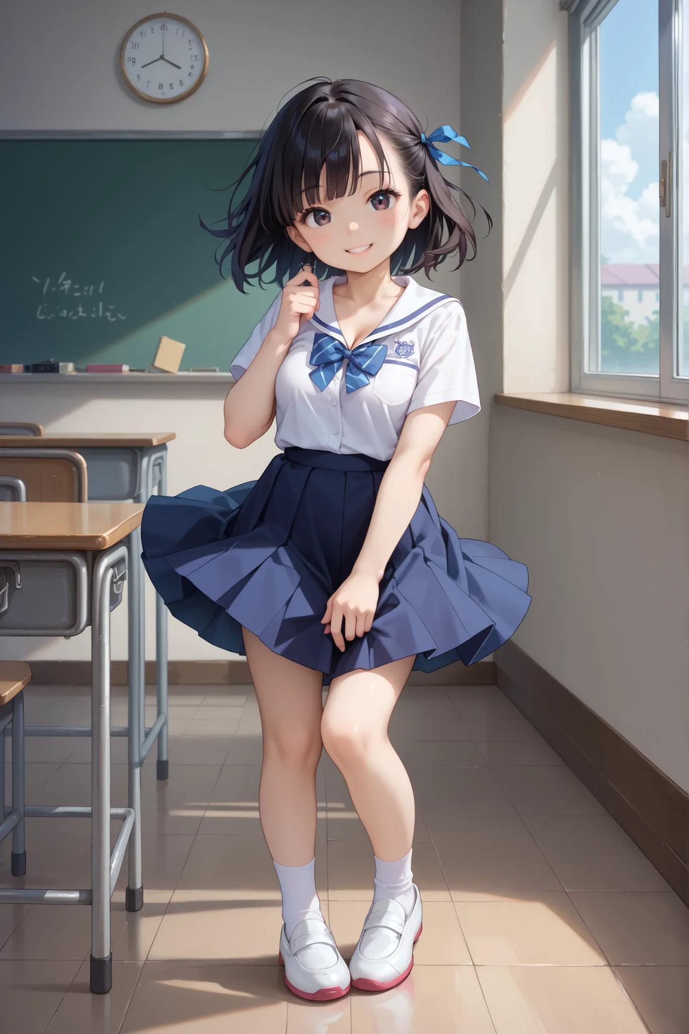 score_9, score_8_up, score_7_up, source_anime, masterpiece, highest quality, young girl, black eye, black hair, short sleeve, cleavage, school ribbon, large-sized breasts, white socks, white shoes, in classroom, wind blows skirt, smile, full body