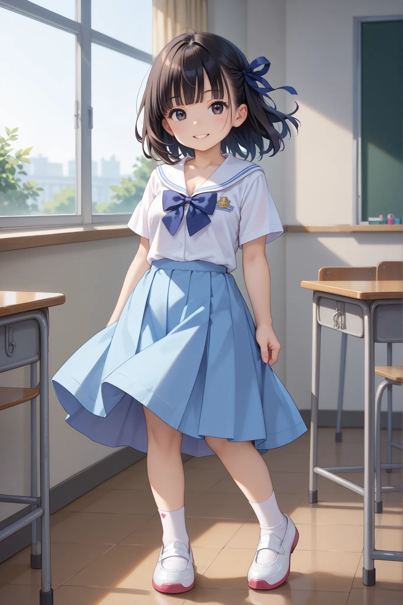 score_9, score_8_up, score_7_up, source_anime, masterpiece, highest quality, young girl, black eye, black hair, short sleeve, cleavage, school ribbon, large-sized breasts, white socks, white shoes, in classroom, wind blows skirt, smile, full body