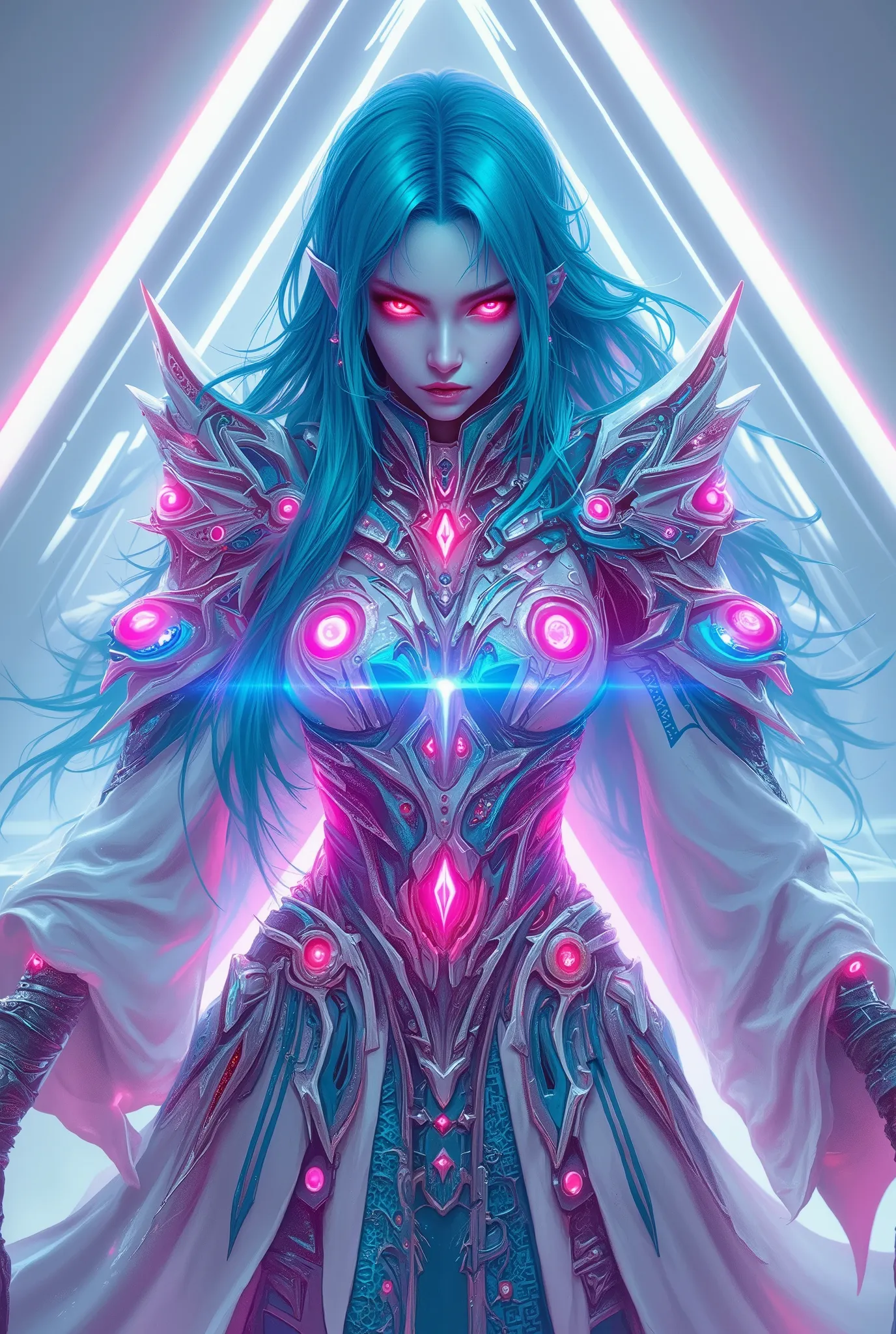 She's striking a bold attacking pose, neon colored, (Best Quality , 4K , 8K , High Resolution , Masterpiece: 1 . 2) , (Super Detailed , Realistic , Photorealistic:1 . 37), A mystical female figure with cian hair and glowing red eyes, wearing an elegant fut...