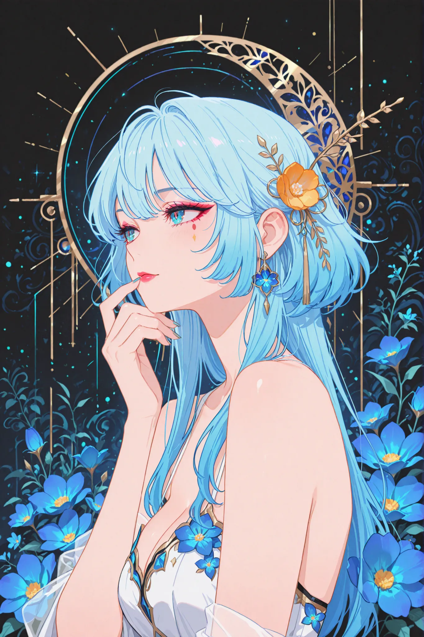 masterpiece,best quality,amazing quality,very aesthetic,absurdres, newest, 1girl, solo, makeup, abstract work, floral work, Villhaze