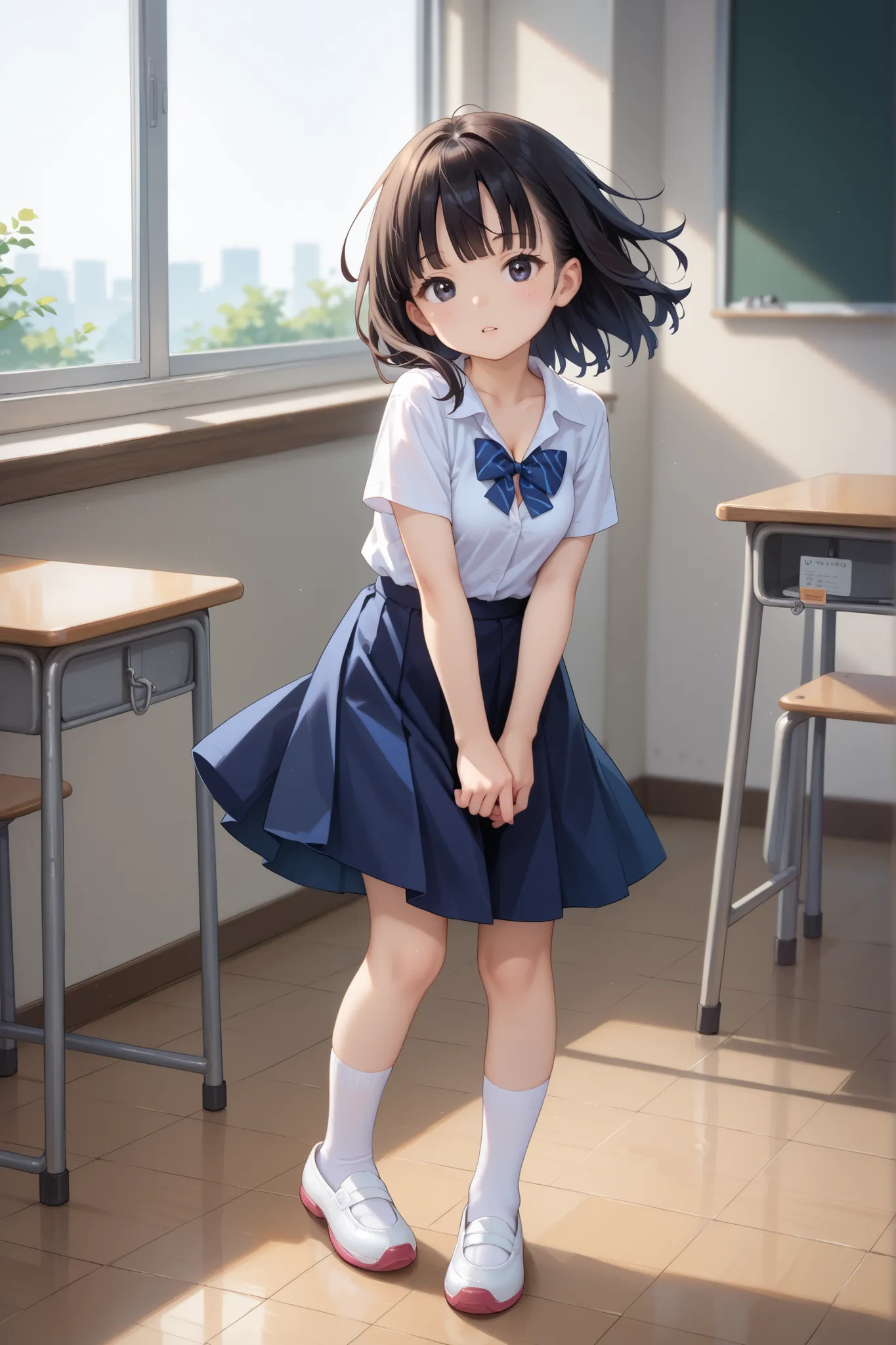 score_9, score_8_up, score_7_up, source_anime, masterpiece, highest quality, young girl, black eye, black hair, short sleeve, cleavage, school ribbon, middle-sized breasts, white socks, white shoes, in classroom, wind blows skirt, full body