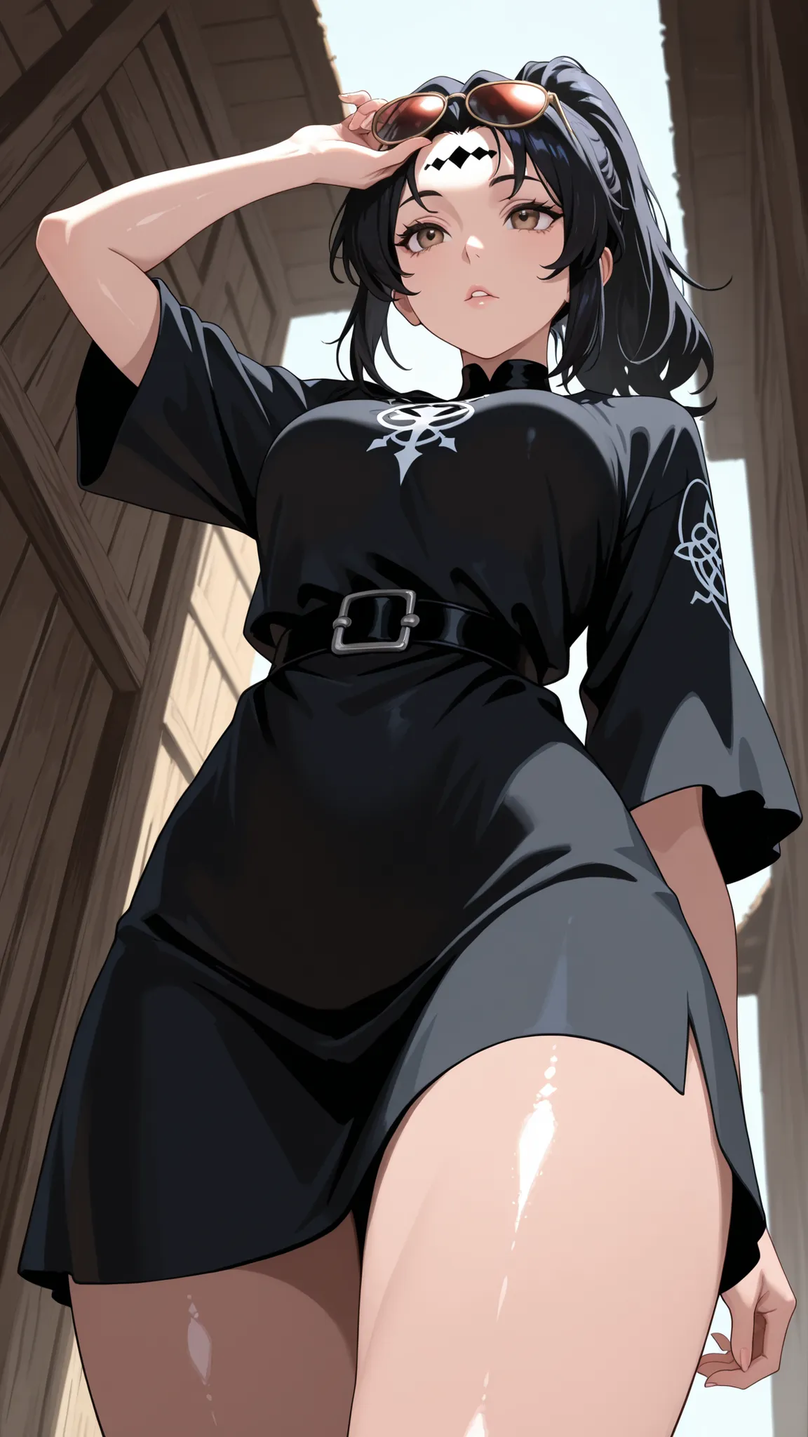1girl, beauty face, ponytail hair, wear sunglass on forehead, black corp-top tunic, she jump with black short skirt, beauty skin, pearl skin, from below, 1080p, highres, ultra HD, 16K, masterpiece, 