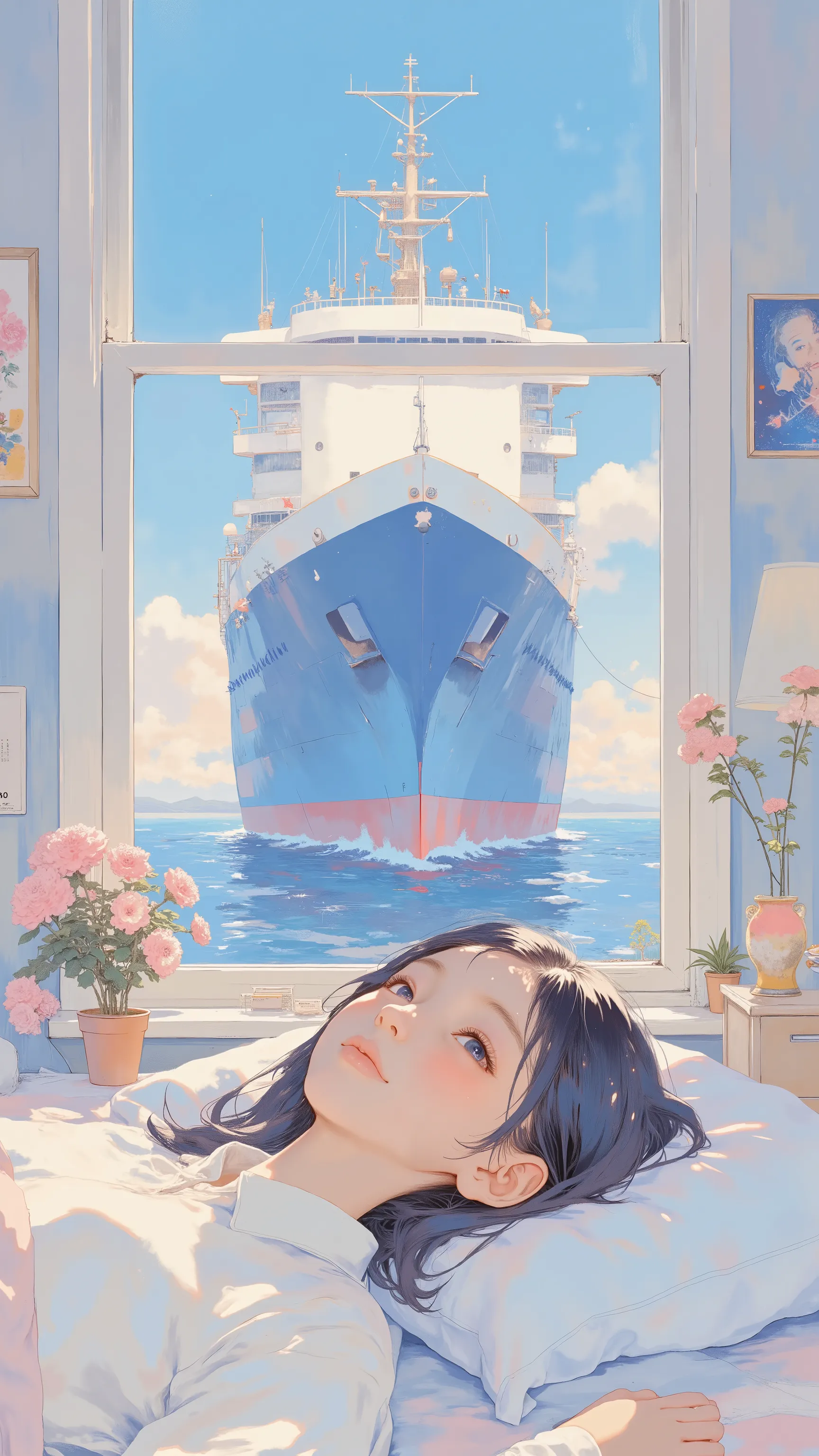 ベッドに横たわるanimeキャラクタ、In the background is a large ship, ❤🔥🍄🌪, 🪔 🎨;🌞🌄, , by Kentaro Miura, big!!!!!!!!!!!!, slice of life anime, happy!!!, anime style”, official art, an retro anime image, by Hiroshi Arakawa, anime!!!!, FLCL