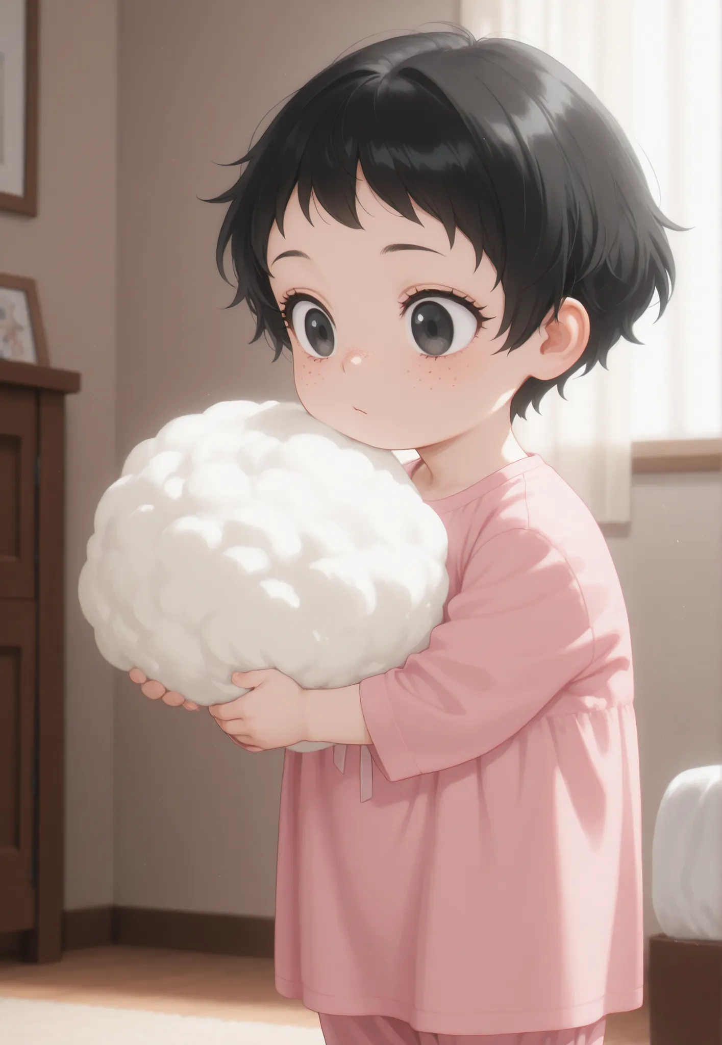 Masterpiece, better quality, newest, safe, good anatomy, good resolution, good lighting.  beautiful, anime, . Little girl, black hair and SHORT hair. black eyes. black eyelashes, piel clara, freckles on cheeks. Adorable 6-8 month old baby. looking at the s...