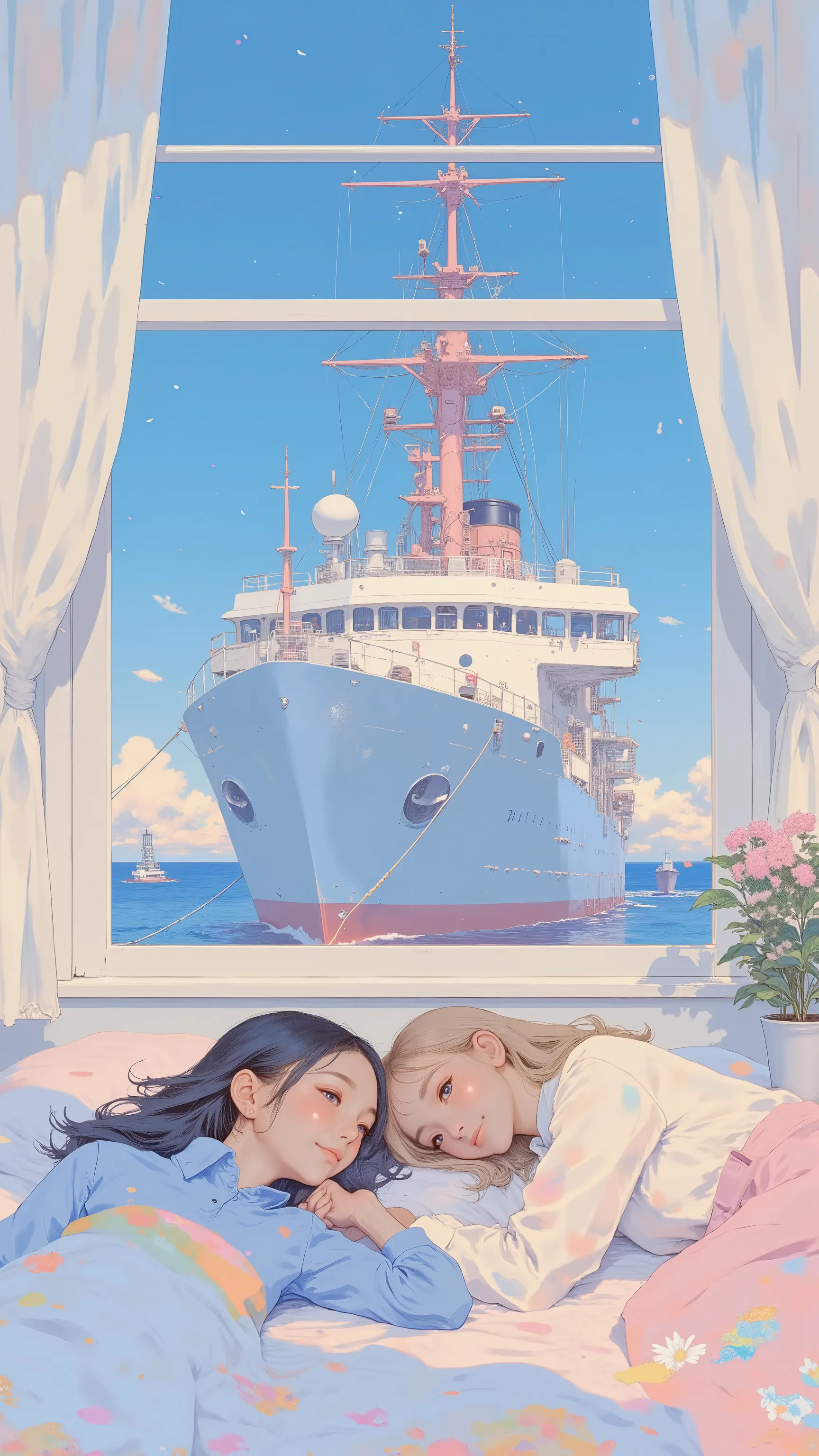 ベッドに横たわるanimeキャラクタ、In the background is a large ship, ❤🔥🍄🌪, 🪔 🎨;🌞🌄, , by Kentaro Miura, big!!!!!!!!!!!!, slice of life anime, happy!!!, anime style”, official art, an retro anime image, by Hiroshi Arakawa, anime!!!!, FLCL